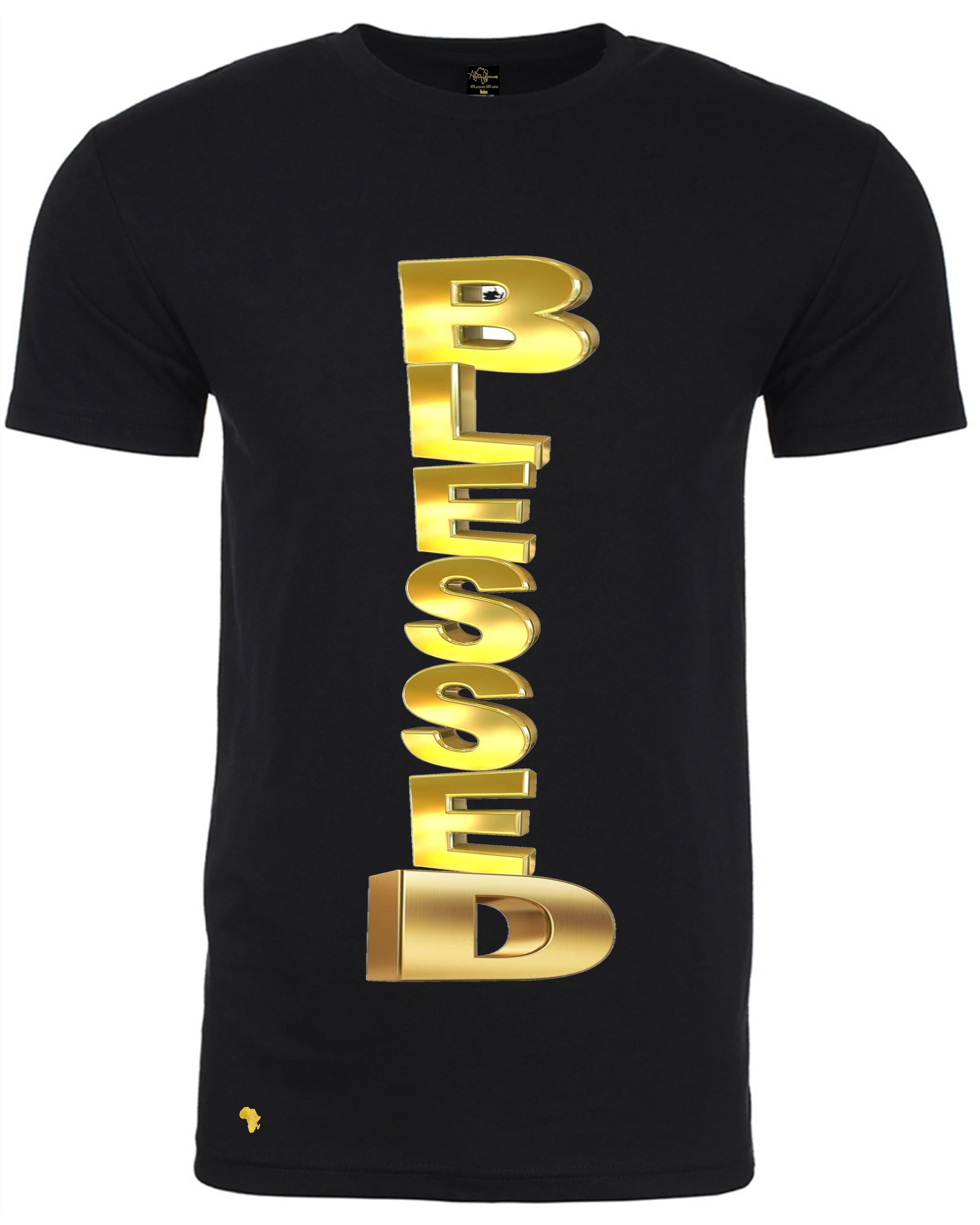 Blessed 24k Gold T-shirt featuring bold vertical gold lettering on a black cotton tee. Ideal for Christian faith wear, prayer groups, and church events.