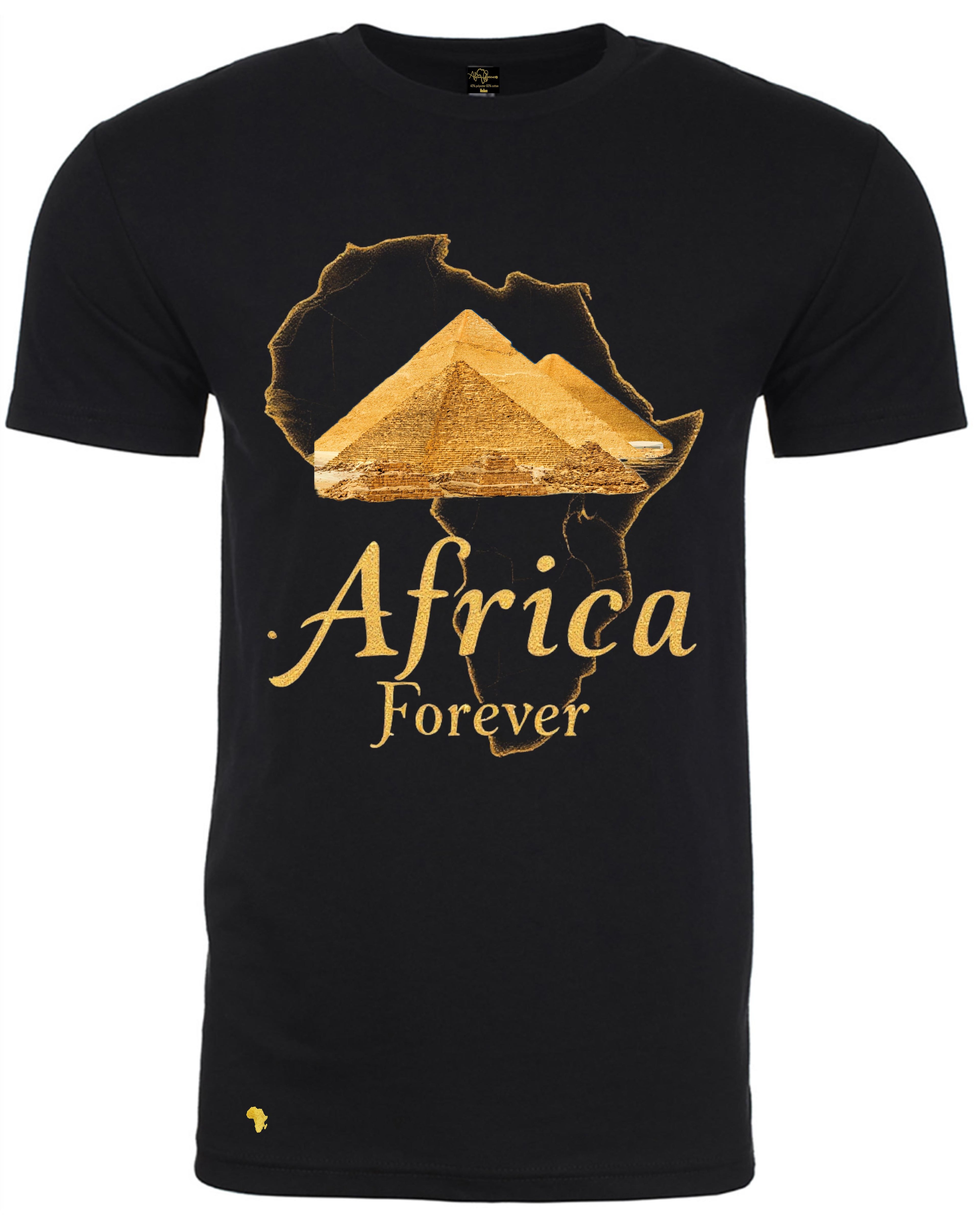 Africa Forever 'PYRAMIDS' T-shirt in black featuring golden pyramids over Africa map. African heritage streetwear celebrating ancient history.
