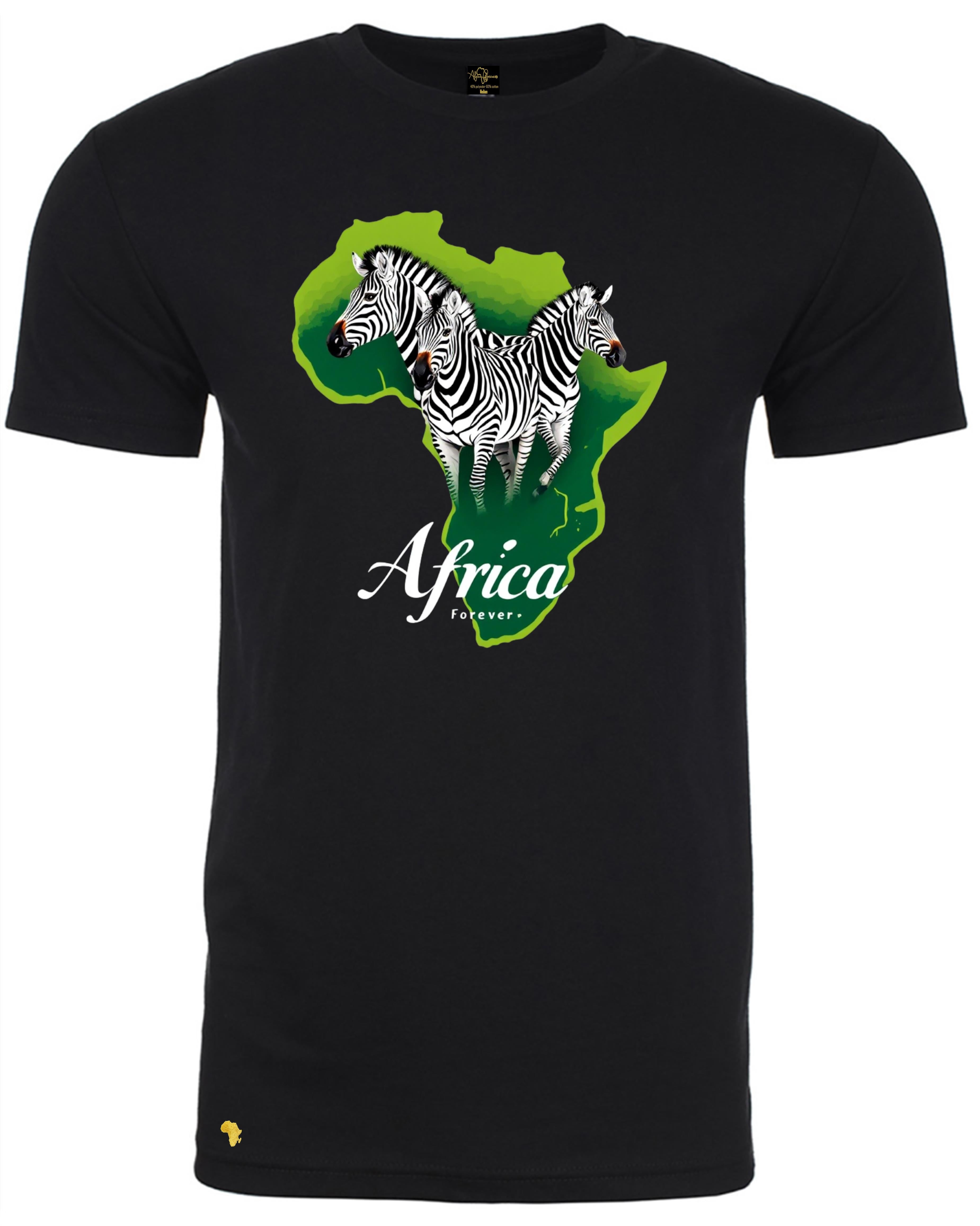 Africa Forever 'ZEBRA' T-Shirt in black featuring two zebras over a green Africa map. Bold African wildlife tee for stylish everyday wear.