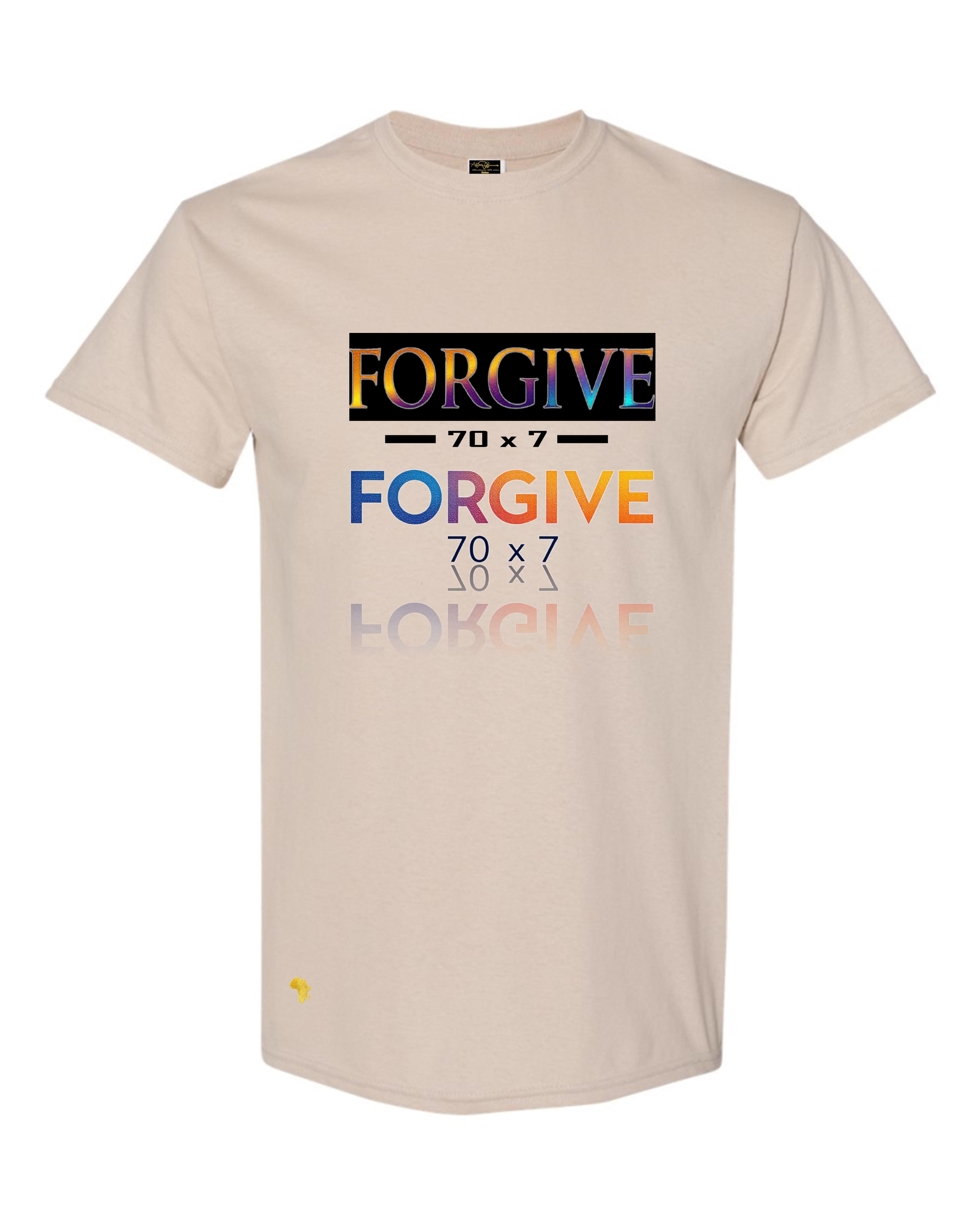 Tan Africa Forever 'Forgive' T-Shirt featuring vibrant West African painting with praying figures, perfect for Christian streetwear fashion. This shirt reminds us to be forgiven and show compassion.