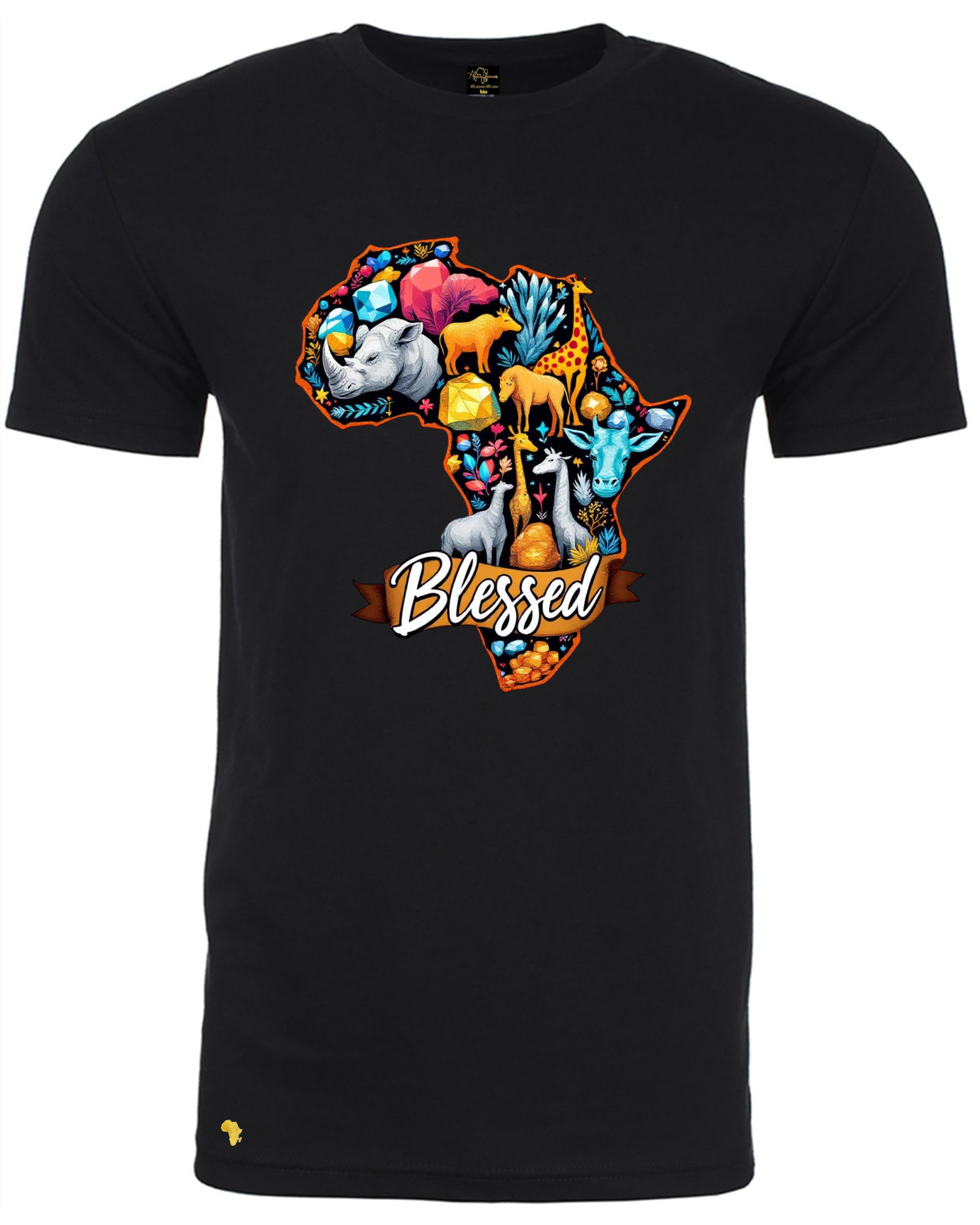 Black Africa is BLESSED T-Shirt featuring vibrant West African painting and showcasing all that Africa is blessed with in terms of the resources, animals, wildlife, people, minerals and so much more. Perfect for Christian streetwear fashion, and any occasion. 