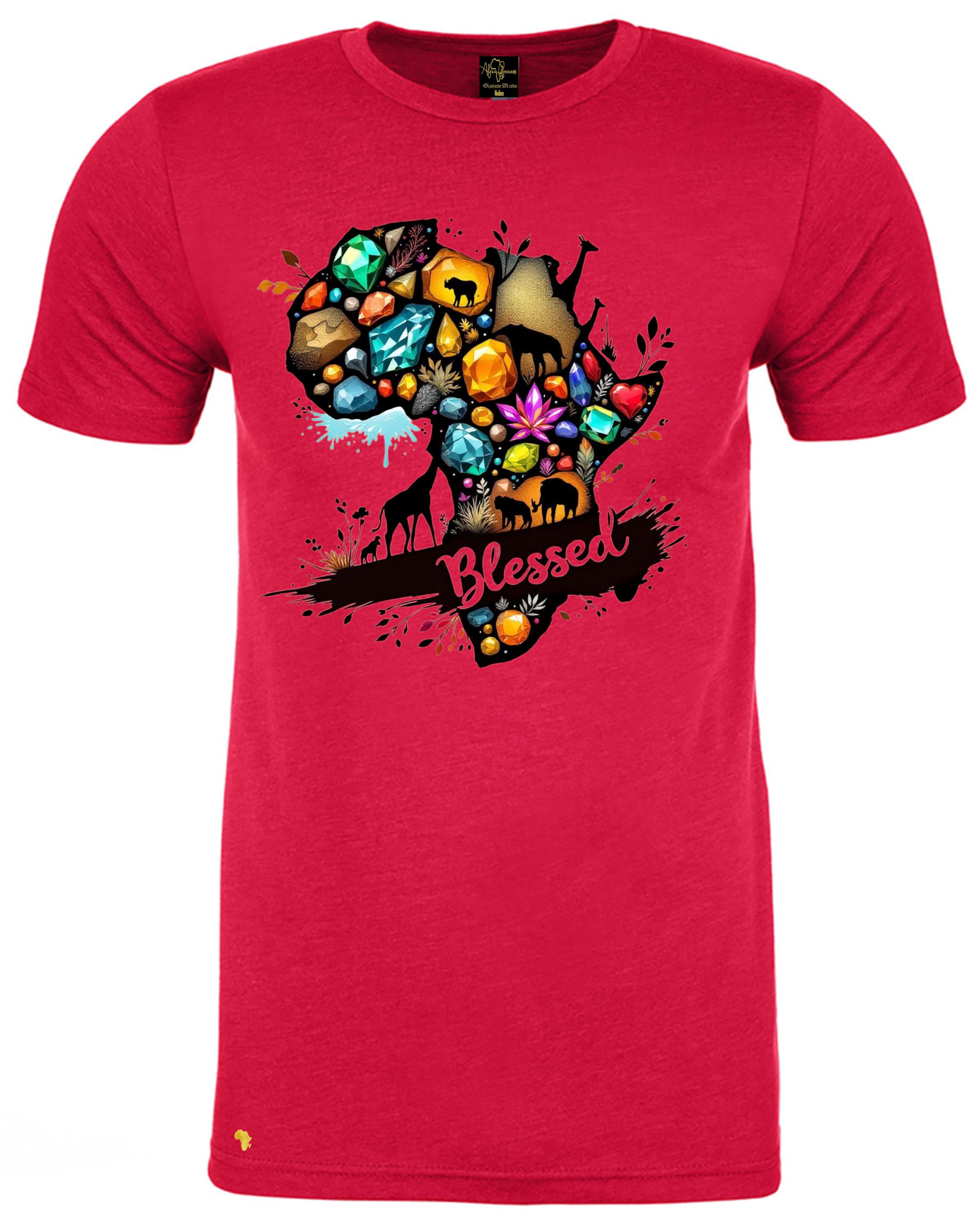 Red Africa is BLESSED T-Shirt featuring vibrant West African painting and showcasing all that Africa is blessed with in terms of the resources, animals, wildlife, people, minerals and so much more. Perfect for Christian streetwear fashion, and any occasion. 