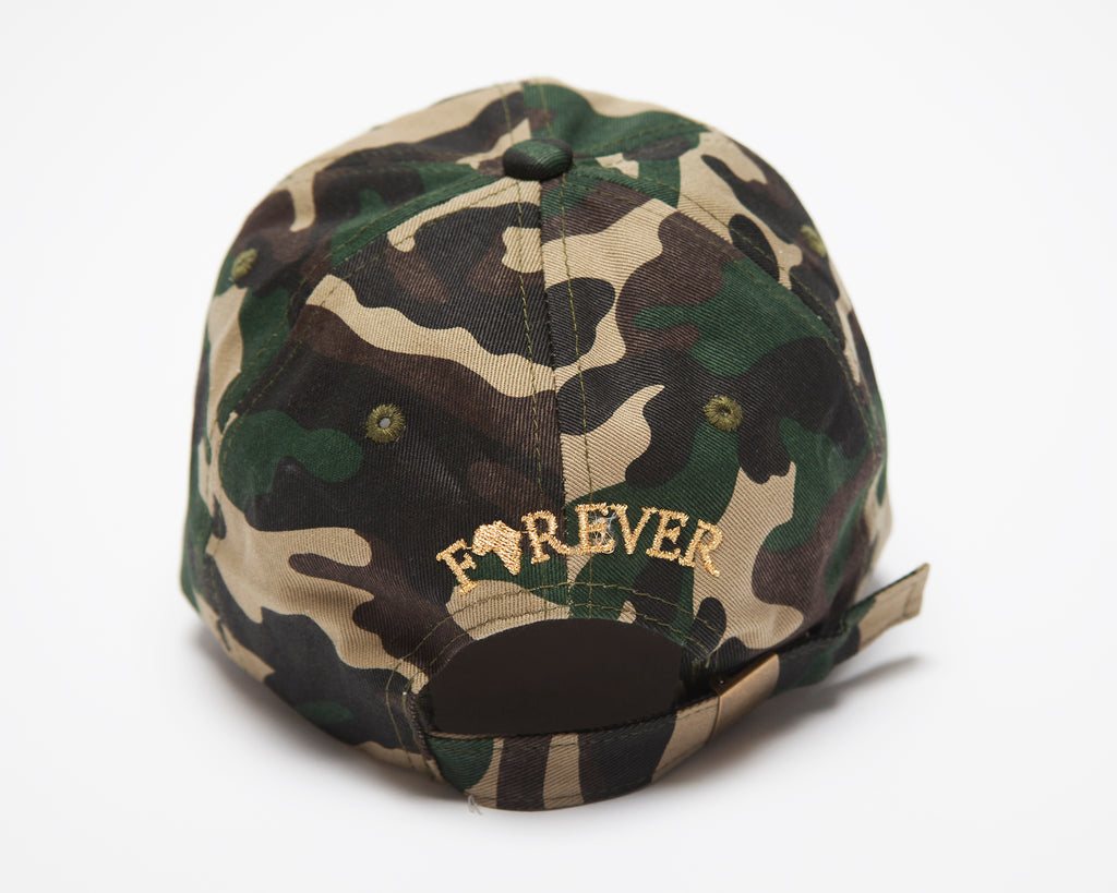 Africa Forever Original camo baseball/dad hat with our signature Embroidery gold logo. One size fit all and adjustable strap.  Represent Africa anytime you put on this classic cap. 