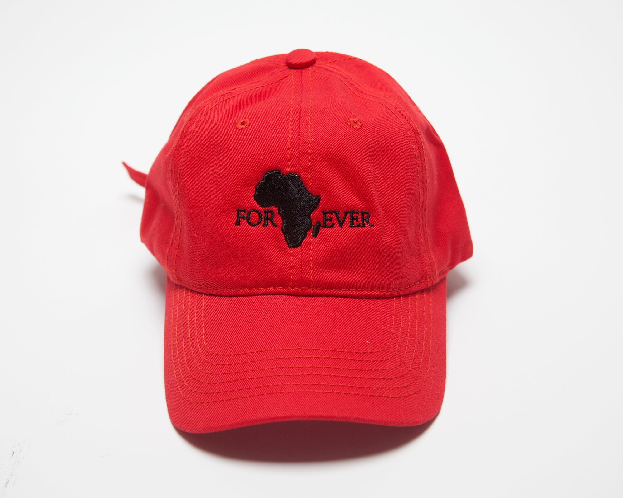 Africa Forever Original red baseball/dad hat with our signature Embroidery gold logo. One size fit all and adjustable strap.  Represent Africa anytime you put on this classic cap. 