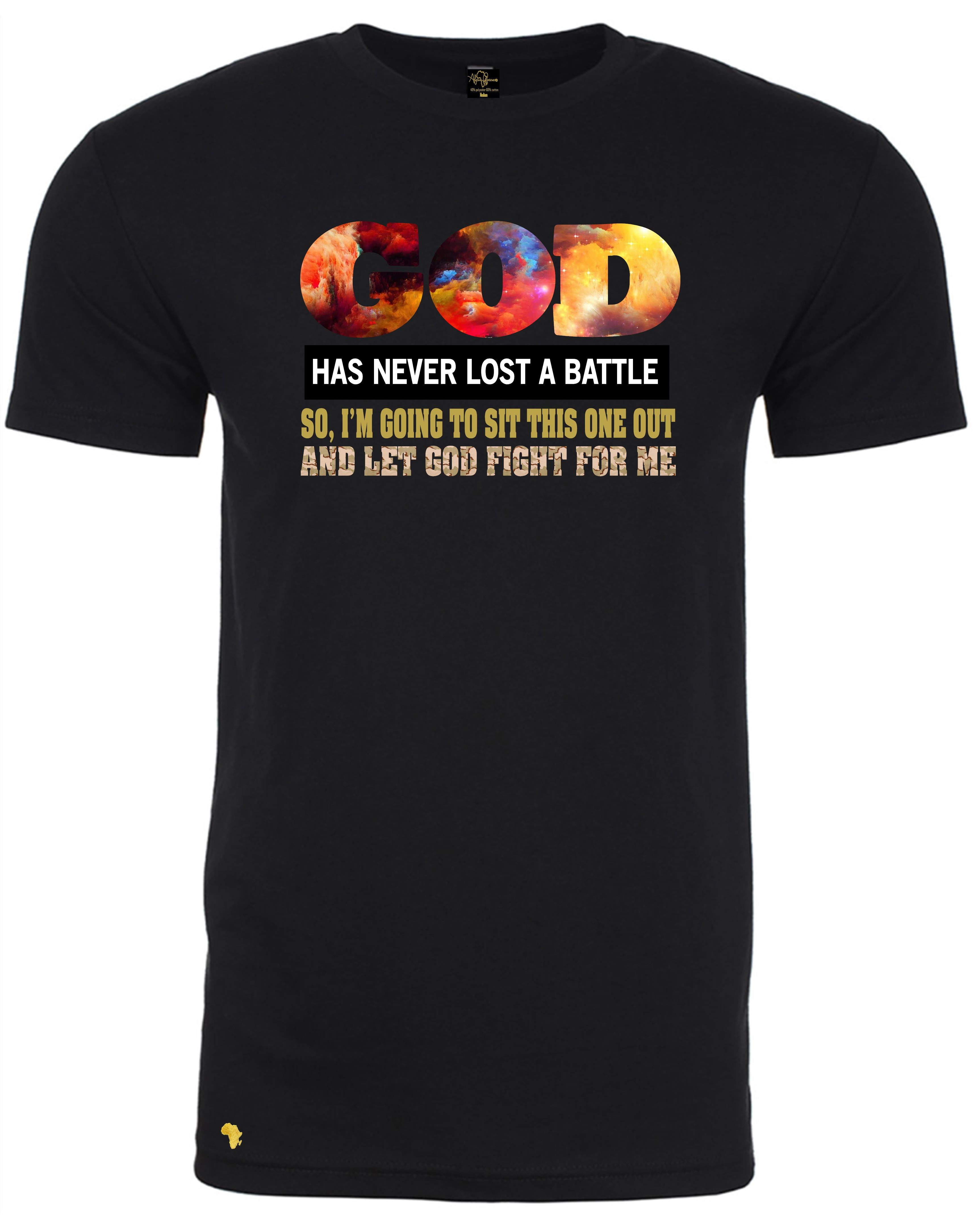 Black GOD fight my battles, T-shirt with bold Christian message 'urging you to relax and trust GOD, comes in different color graphic. Ideal for church wear, and any event reminding us to trust GOD and be more prayerful and have faith and trust that all is well. 