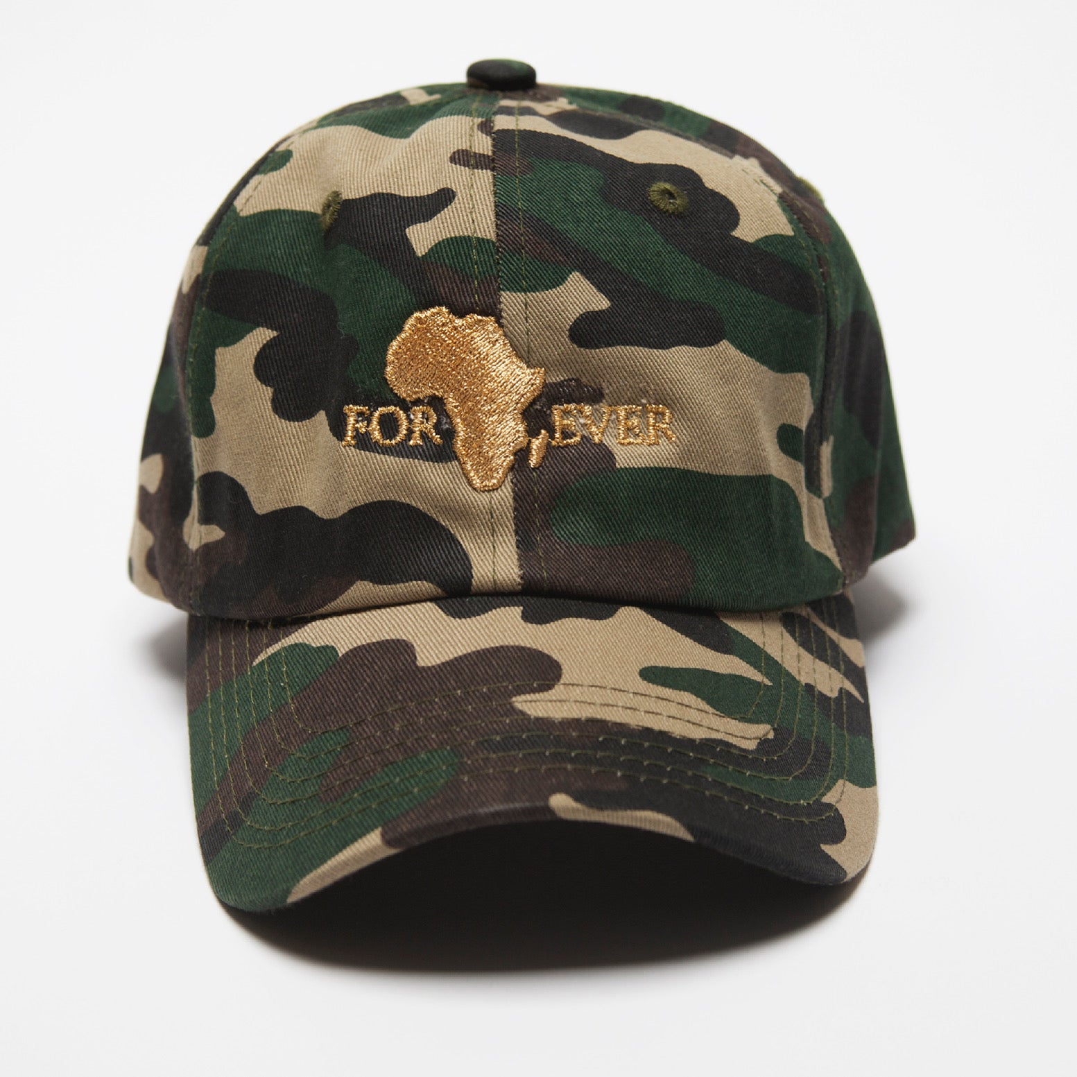 Africa Forever Original camo baseball/dad hat with our signature Embroidery gold logo. One size fit all and adjustable strap.  Represent Africa anytime you put on this classic cap. 