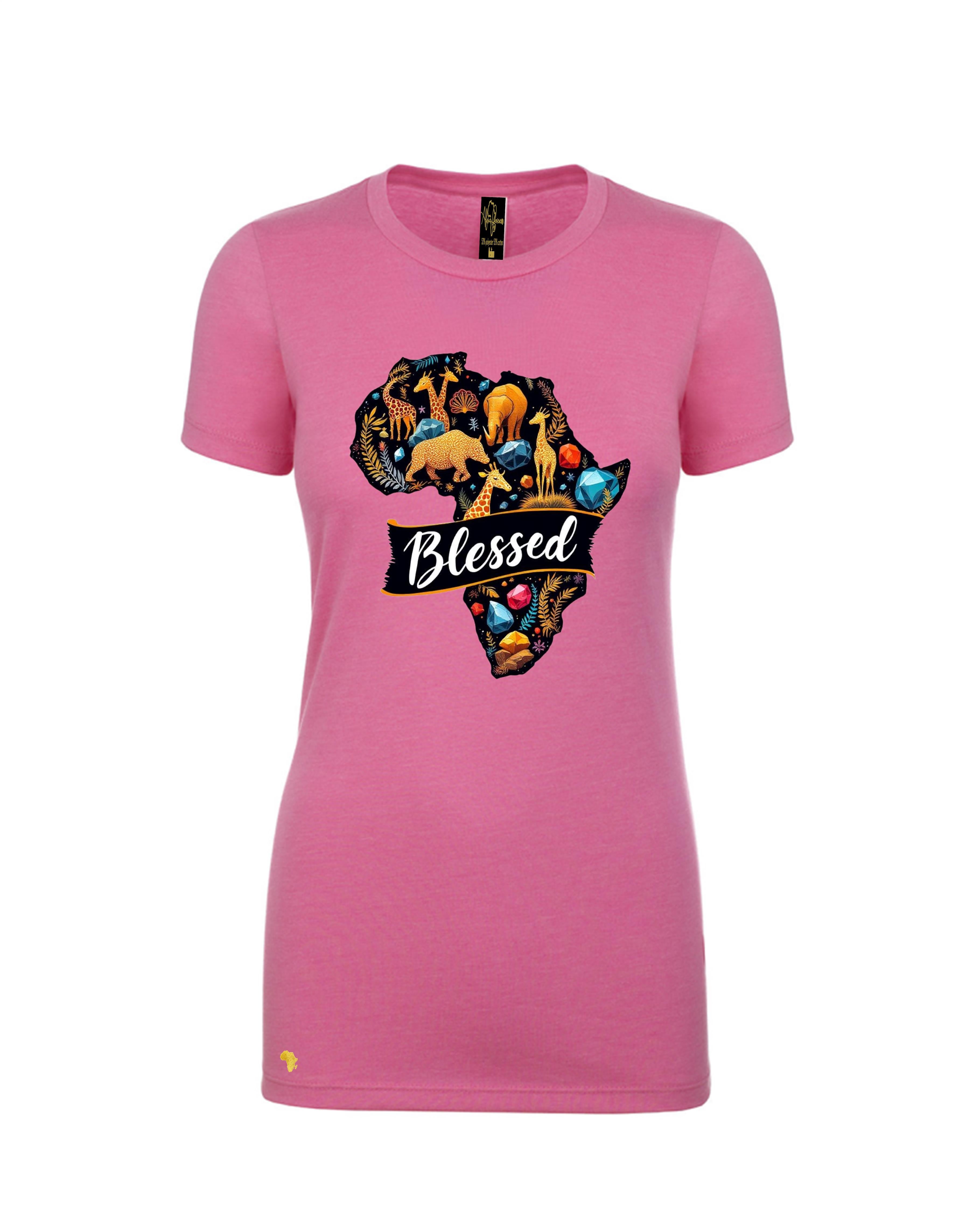 Pink Africa is BLESSED T-Shirt featuring vibrant West African painting and showcasing all that Africa is blessed with in terms of the resources, animals, wildlife, people, minerals and so much more. Perfect for Christian streetwear fashion, and any occasion. 