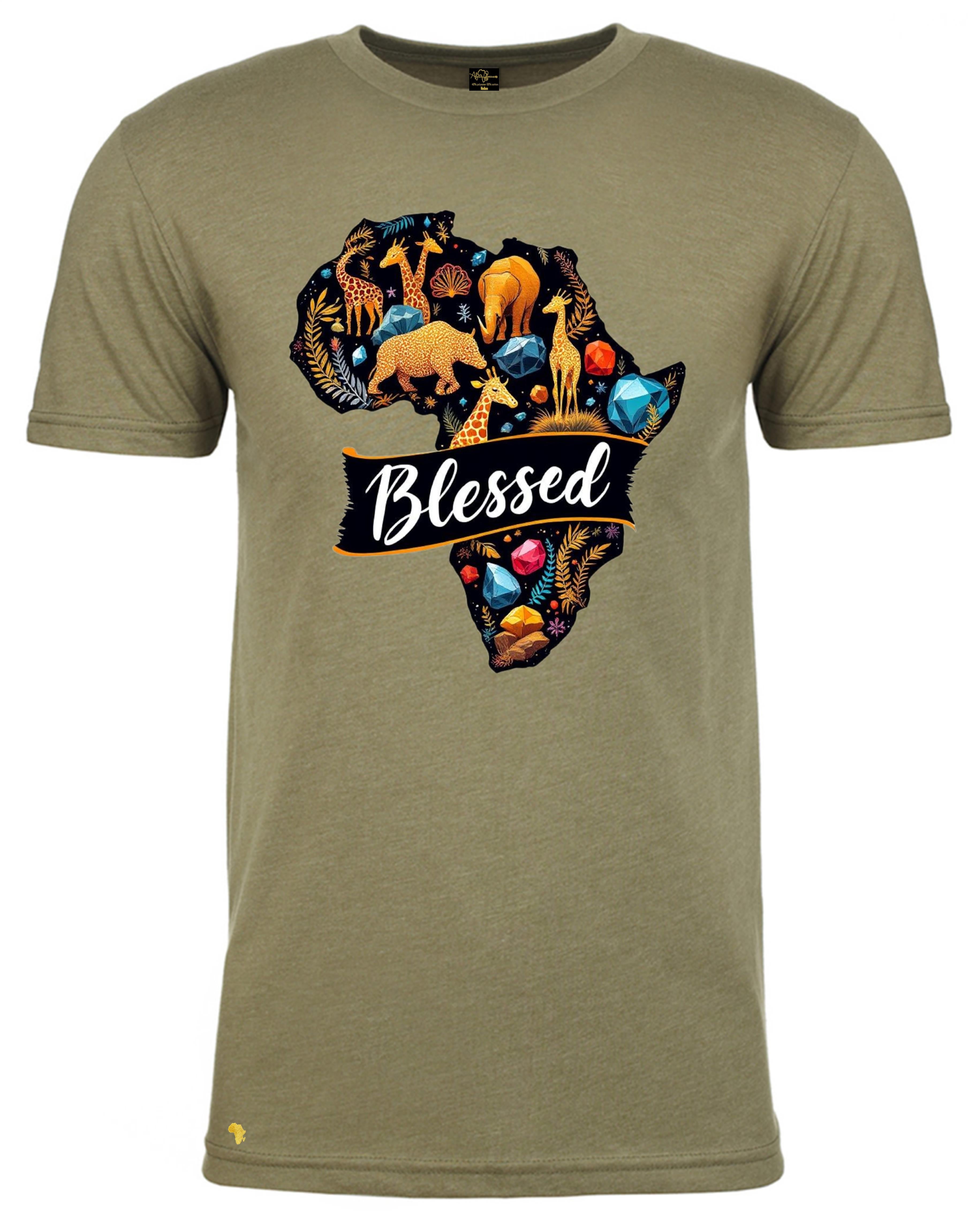 Army Africa is BLESSED T-Shirt featuring vibrant West African painting and showcasing all that Africa is blessed with in terms of the resources, animals, wildlife, people, minerals and so much more. Perfect for Christian streetwear fashion, and any occasion. 