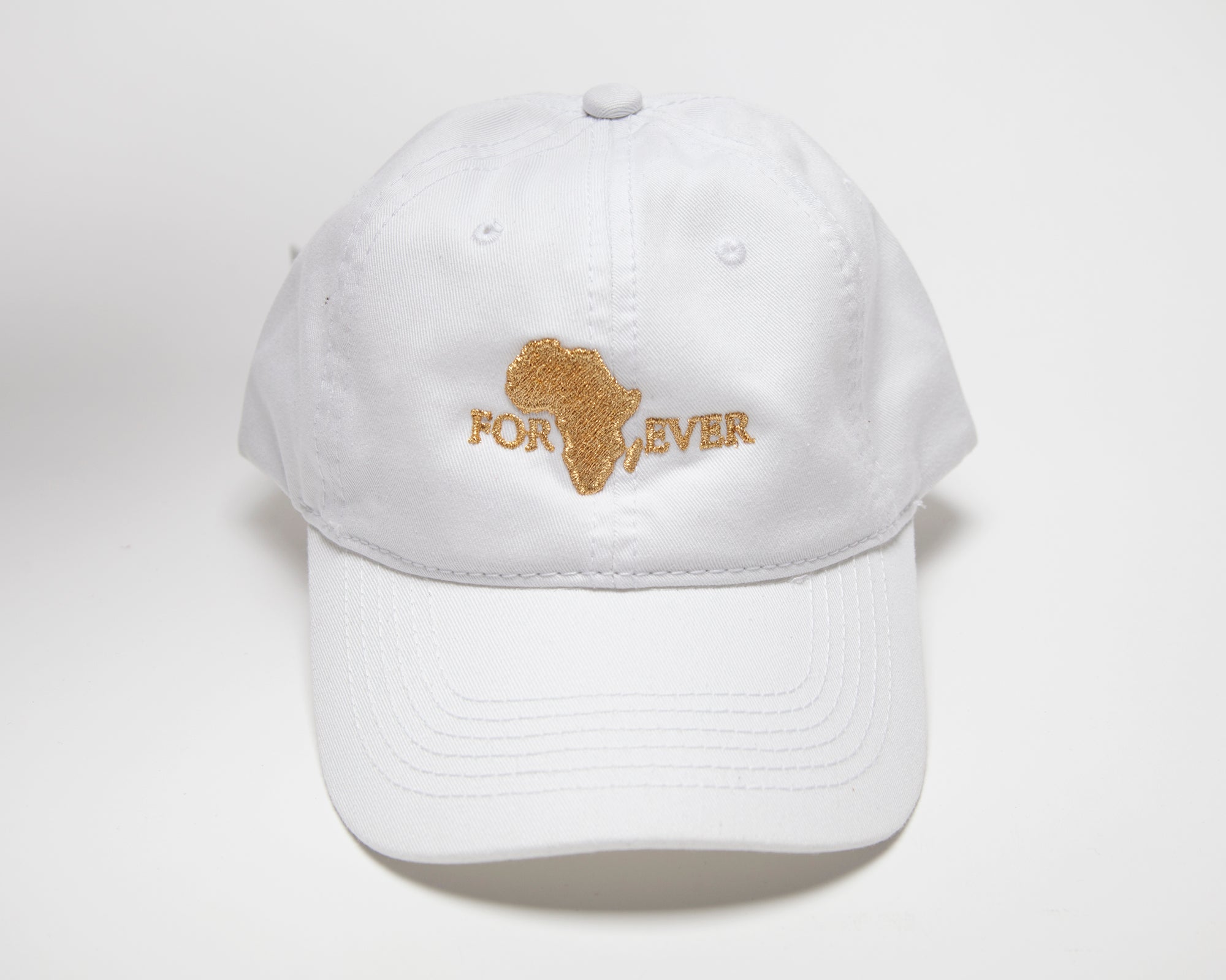 Africa Forever Original white baseball/dad hat with our signature Embroidery gold logo. One size fit all and adjustable strap.  Represent Africa anytime you put on this classic cap. 