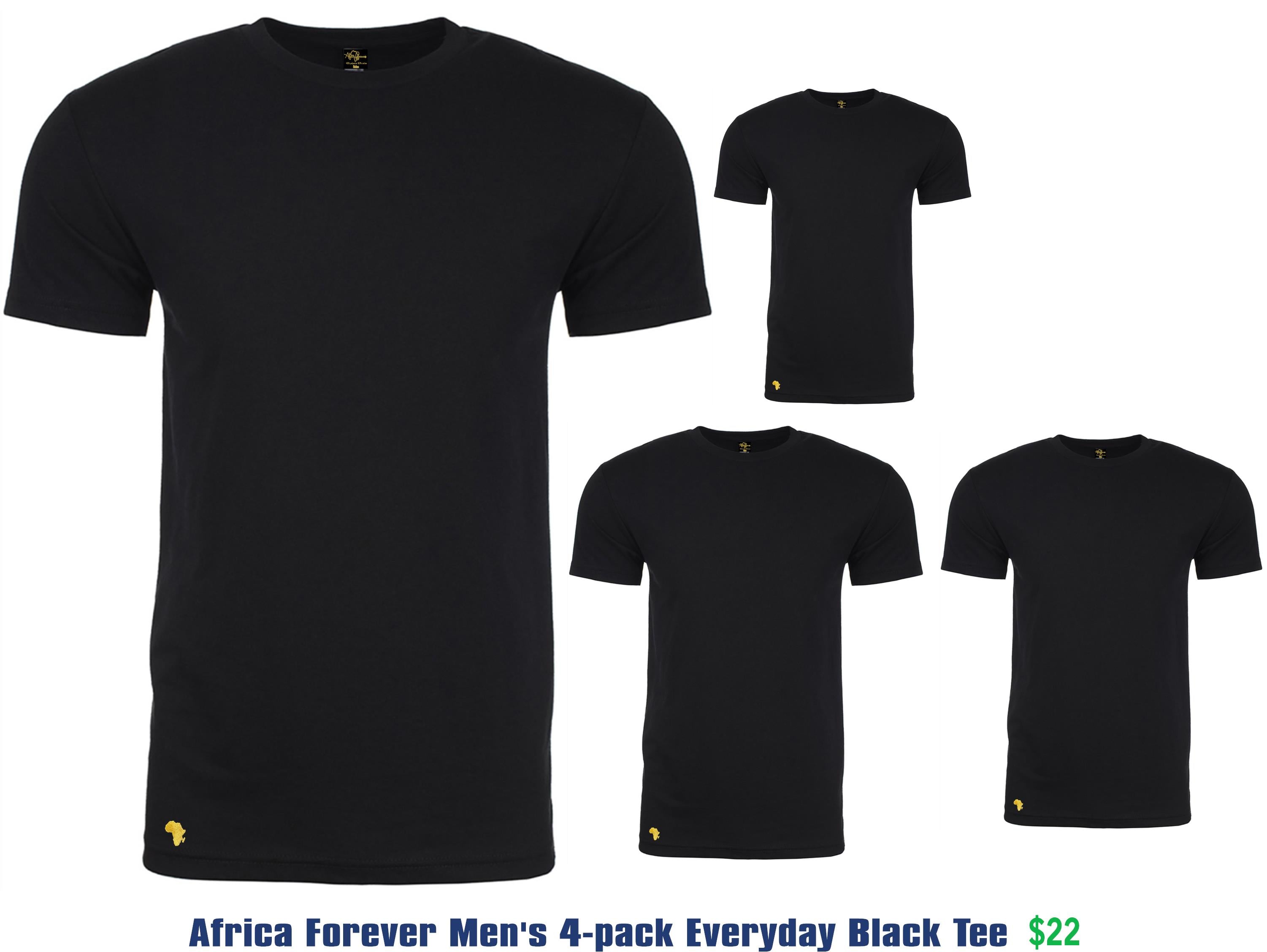 Africa Forever Original Plain T-shirt 4 packed bundle. Premium quality-shirt with our original tag and embroidery gold map of Africa at the bottom right for authentication.  Comes in all sizes, good for everyday and any event. 