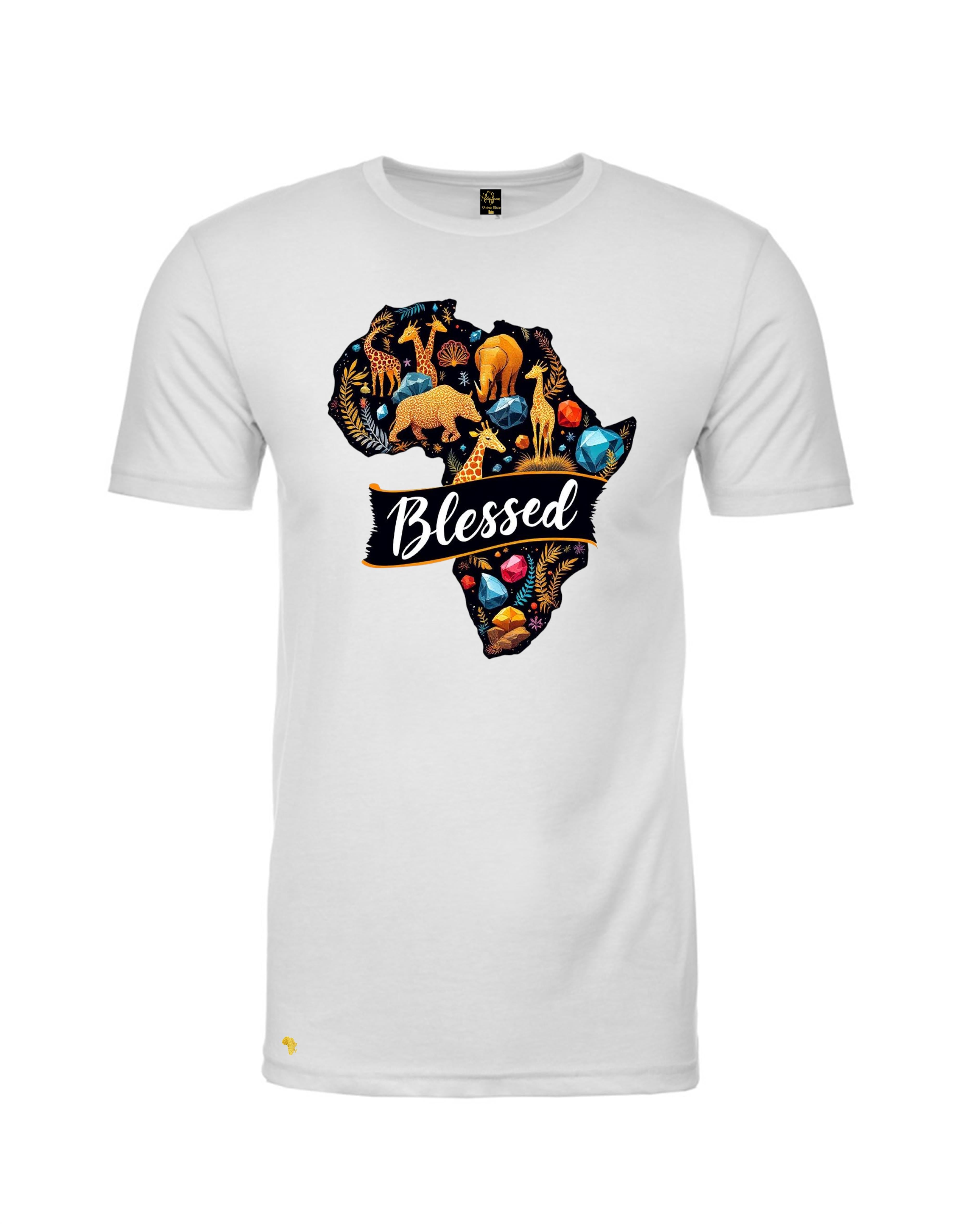 White Africa is BLESSED T-Shirt featuring vibrant West African painting and showcasing all that Africa is blessed with in terms of the resources, animals, wildlife, people, minerals and so much more. Perfect for Christian streetwear fashion, and any occasion. 