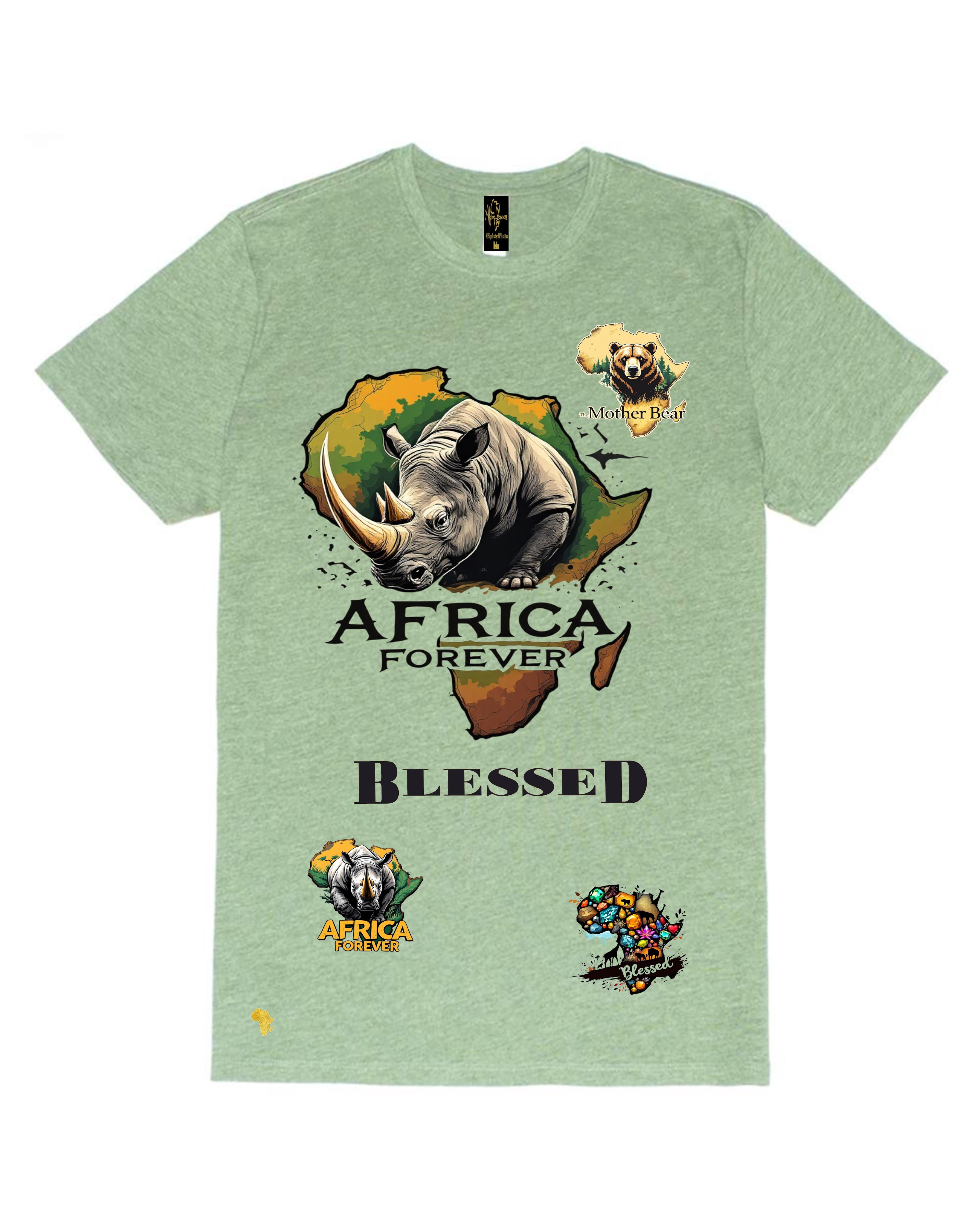 Africa Forever All-Star Rhino T-Shirt featuring bold rhino graphic over African map with wildlife accents. Eco-inspired streetwear celebrating African pride.