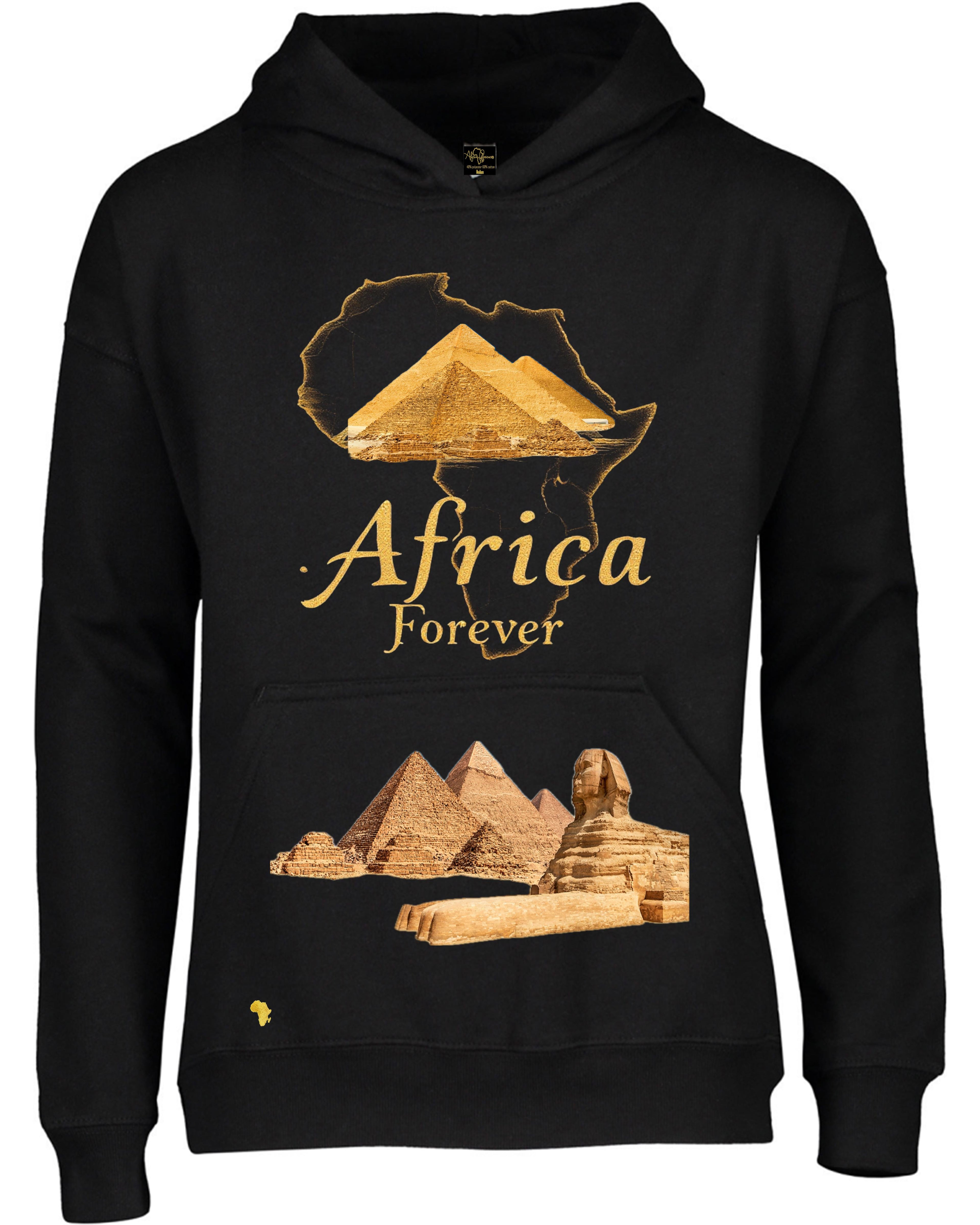 Africa Forever 'PYRAMIDS' Hoodie – Streetwear inspired black sweatshirt featuring golden pyramids, Sphinx, and African map design.