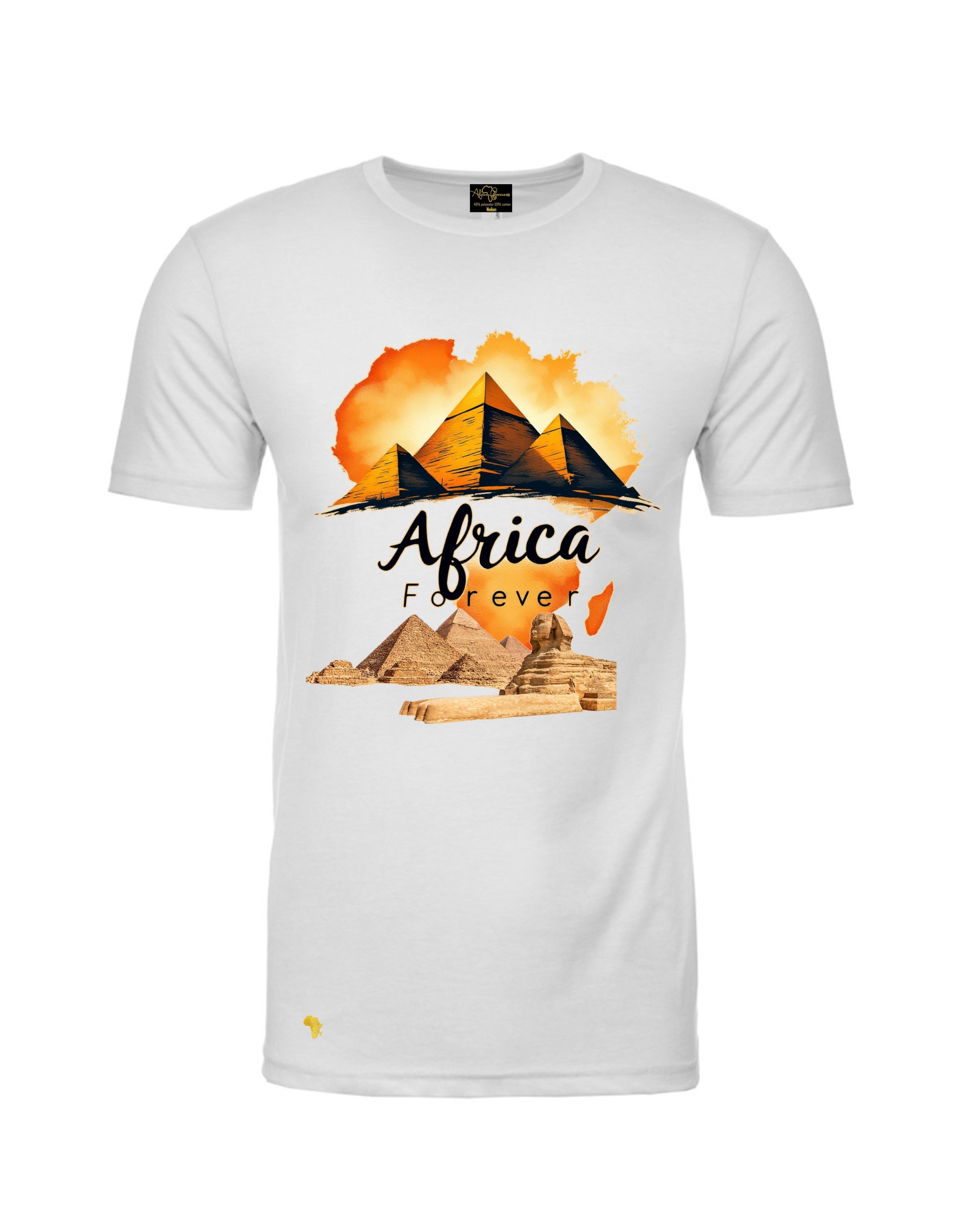 Africa Forever 'Sphinx' T-shirt featuring bold pyramid and Sphinx graphics with vibrant orange sunset, perfect for African inspired streetwear.