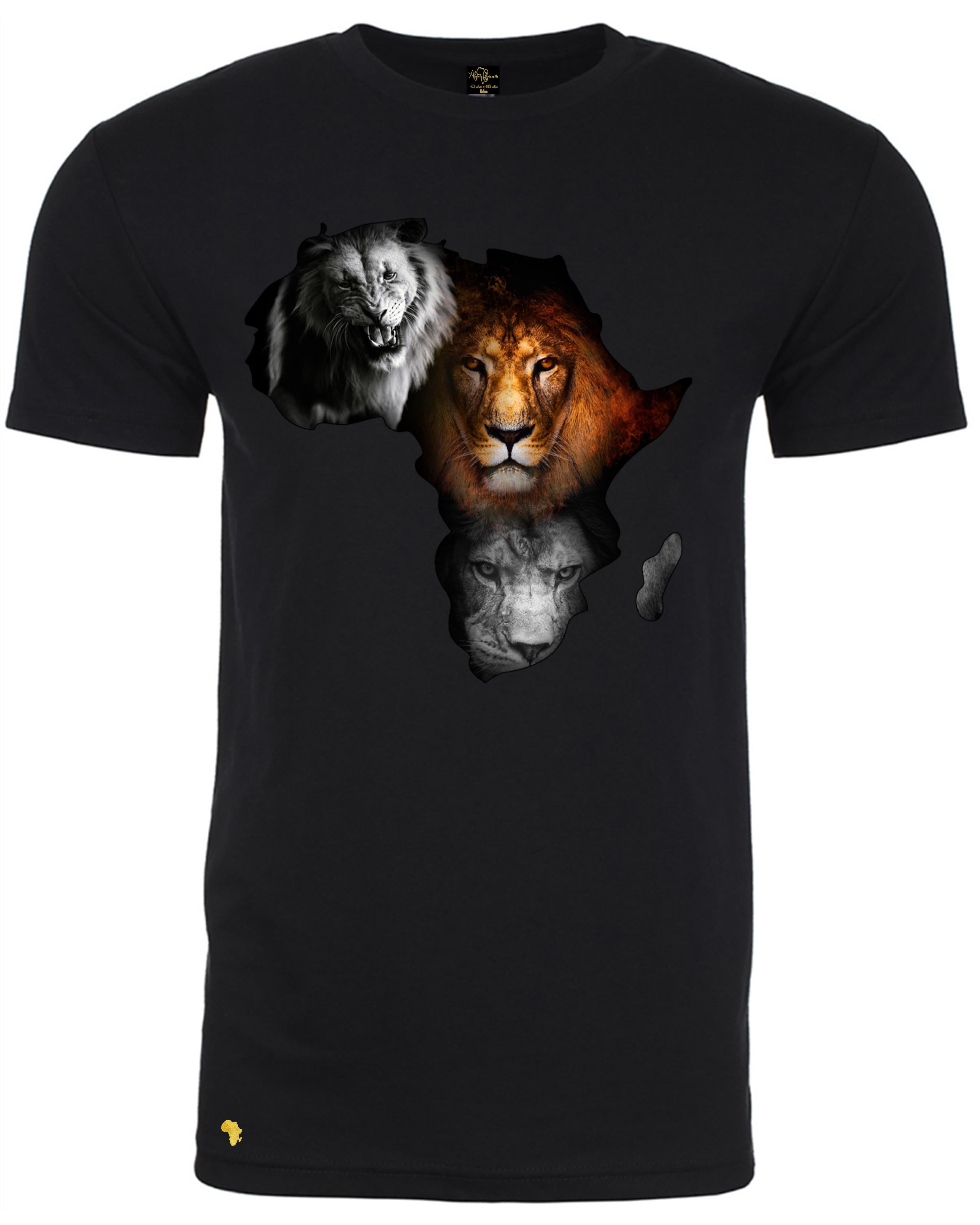 Africa Forever dance of the lion T-Shirt in black featuring 3lions graphic within the Africa map outline. Ideal for wildlife lovers and streetwear fashion. 