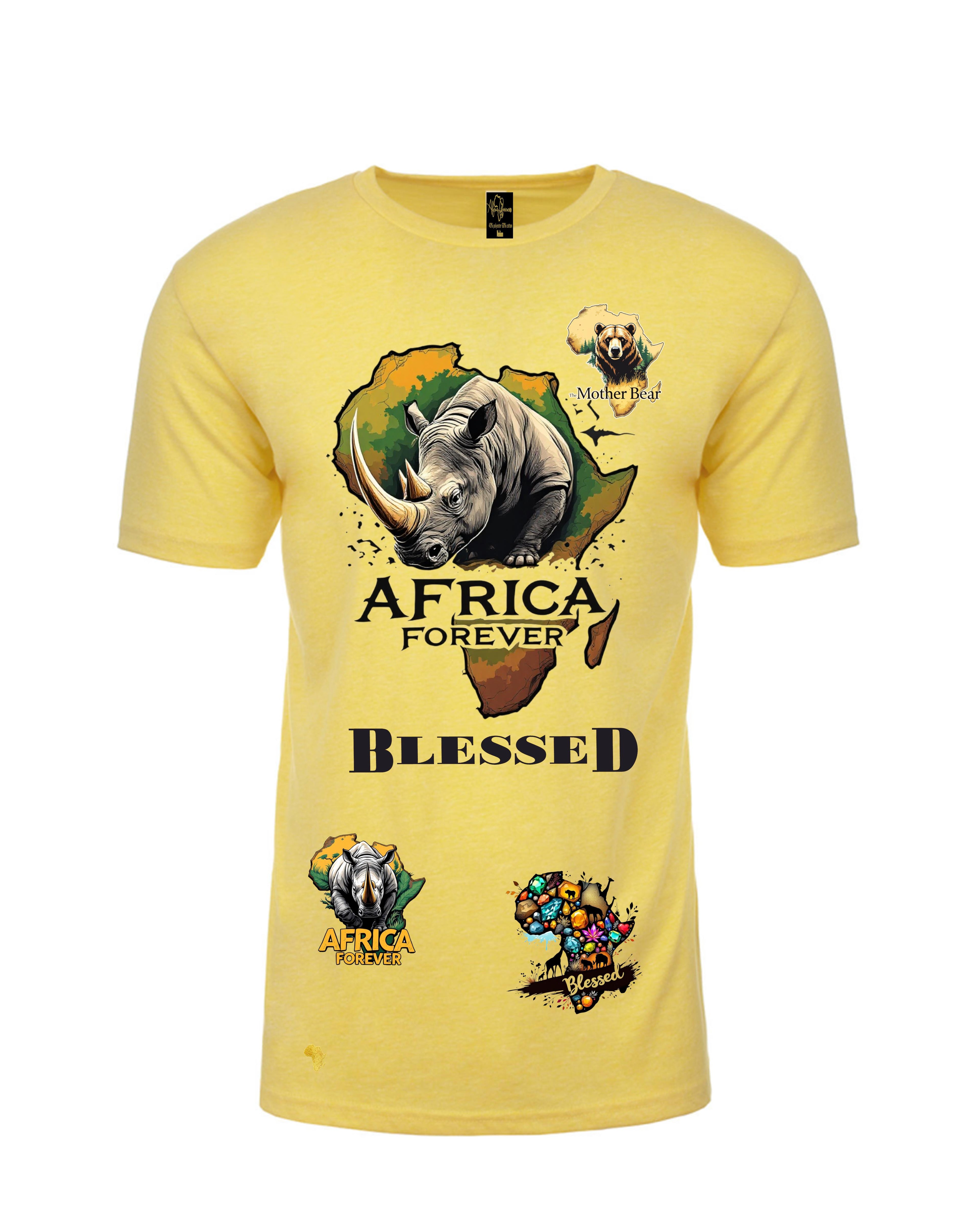 Africa Forever All-Star Rhino T-Shirt featuring bold rhino graphic over African map with wildlife accents. Eco-inspired streetwear celebrating African pride.