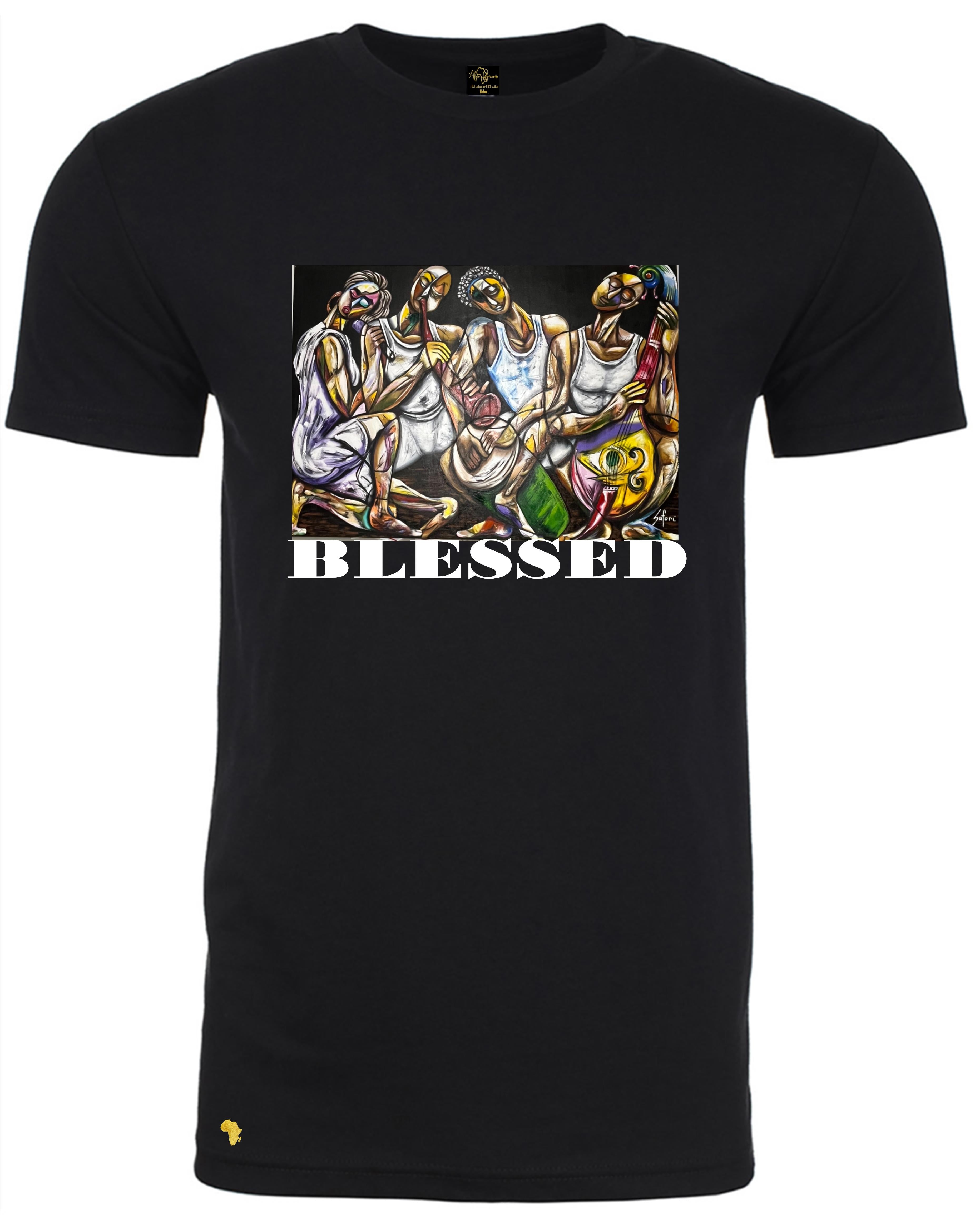 Black Africa Forever 'BLESSED Art' T-Shirt with colorful Ghanaian artwork of spiritual unity, ideal for church apparel and inspirational outfits.