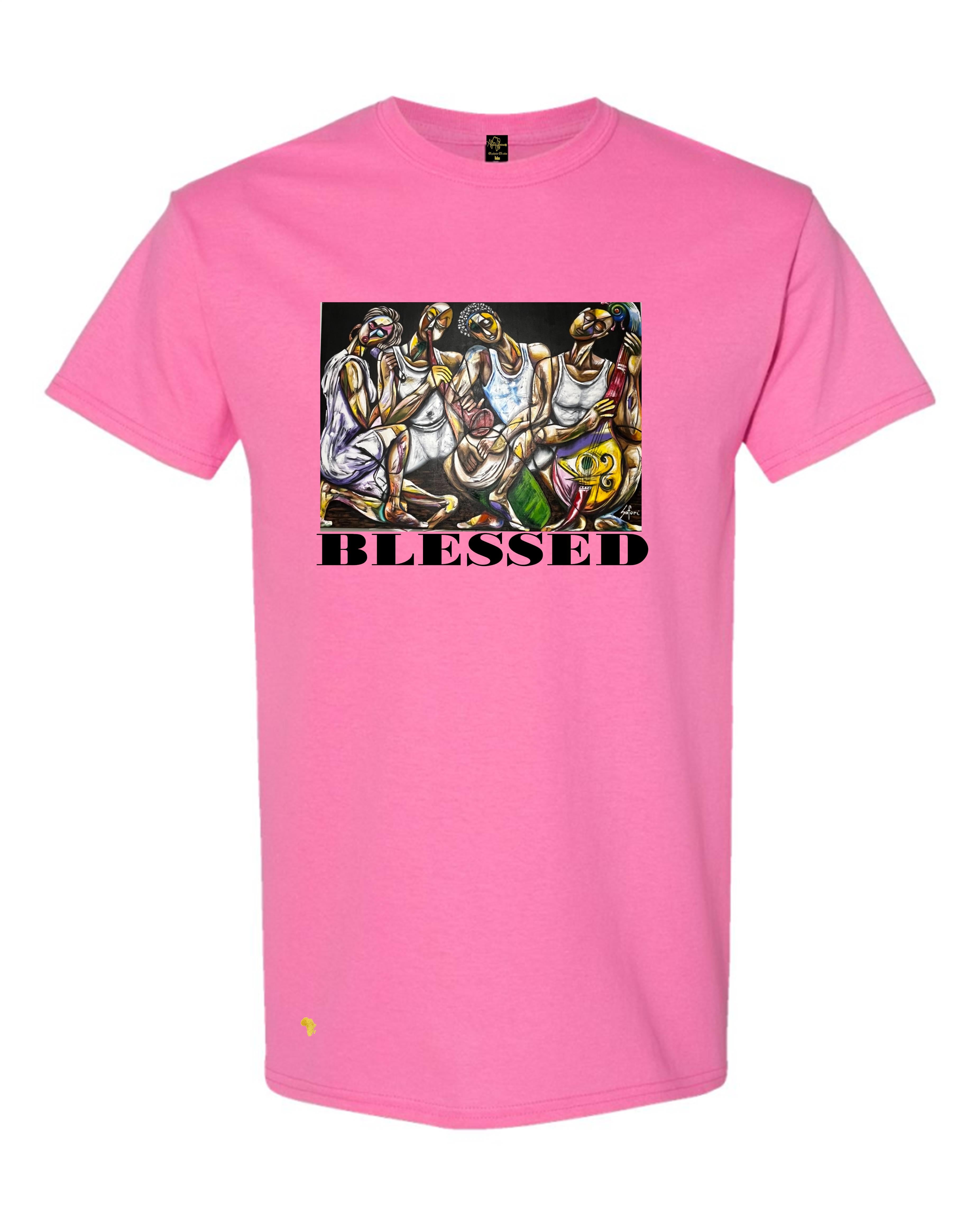 Pink Africa Forever 'BLESSED Art' T-Shirt showcasing bold African art and faith-inspired design, great for trendy prayer and gospel-themed clothing.
