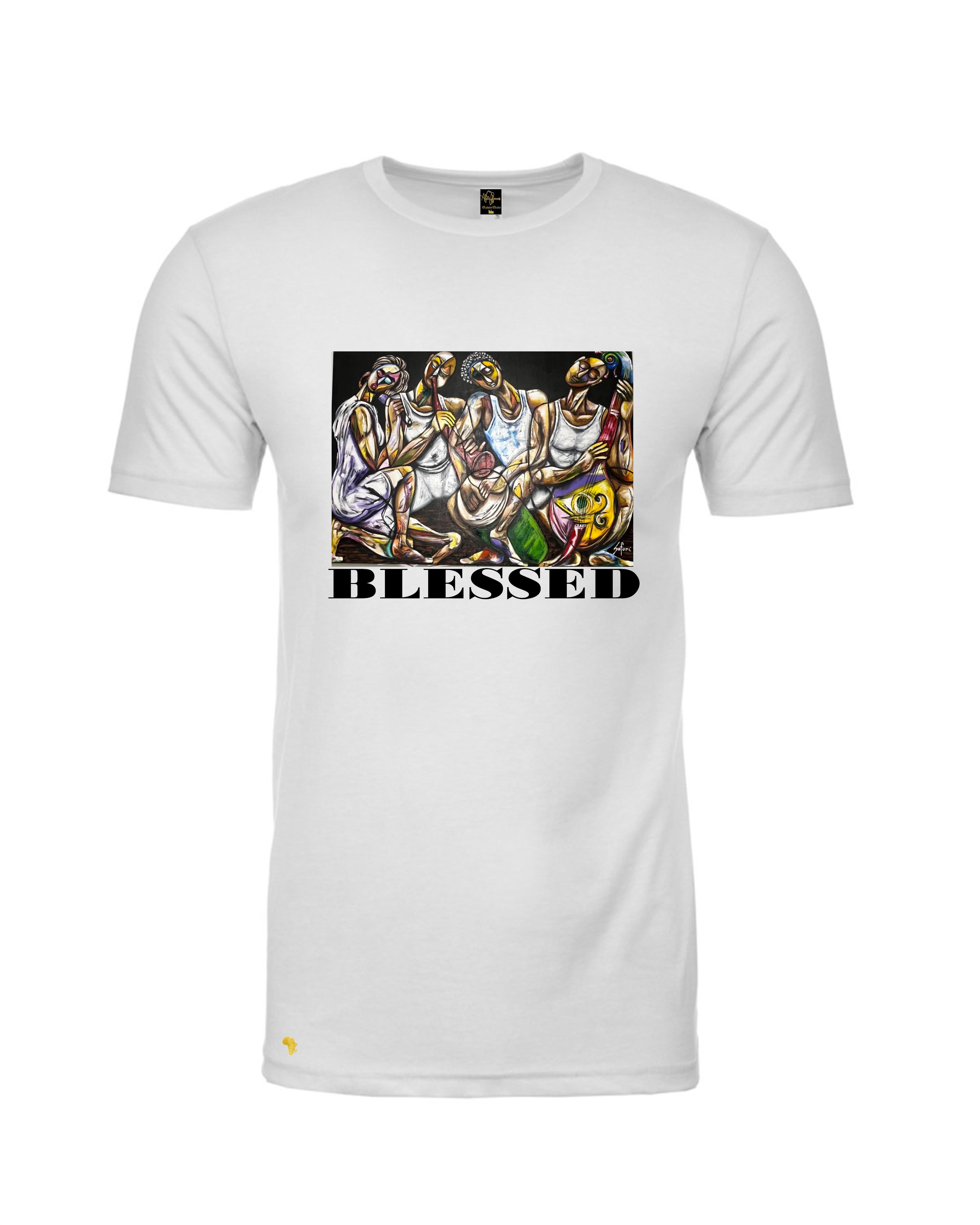 White Africa Forever 'BLESSED Art' T-Shirt featuring vibrant West African painting with praying figures, perfect for Christian streetwear fashion.