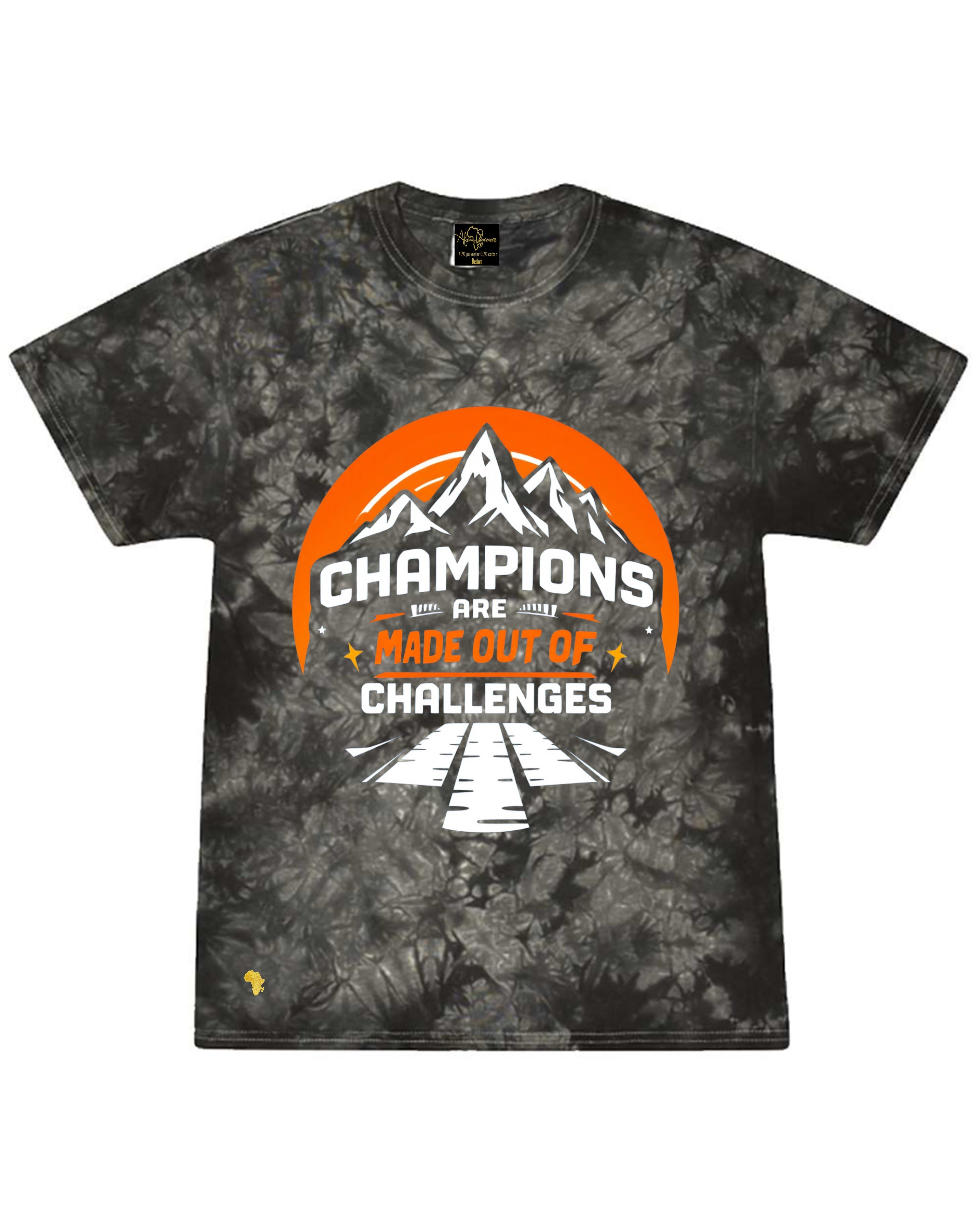 Africa Forever 'CHAMPION' T-Shirt featuring bold 'Champions are made out of challenges' graphic with mountain and road design on tie-dye fabric.
