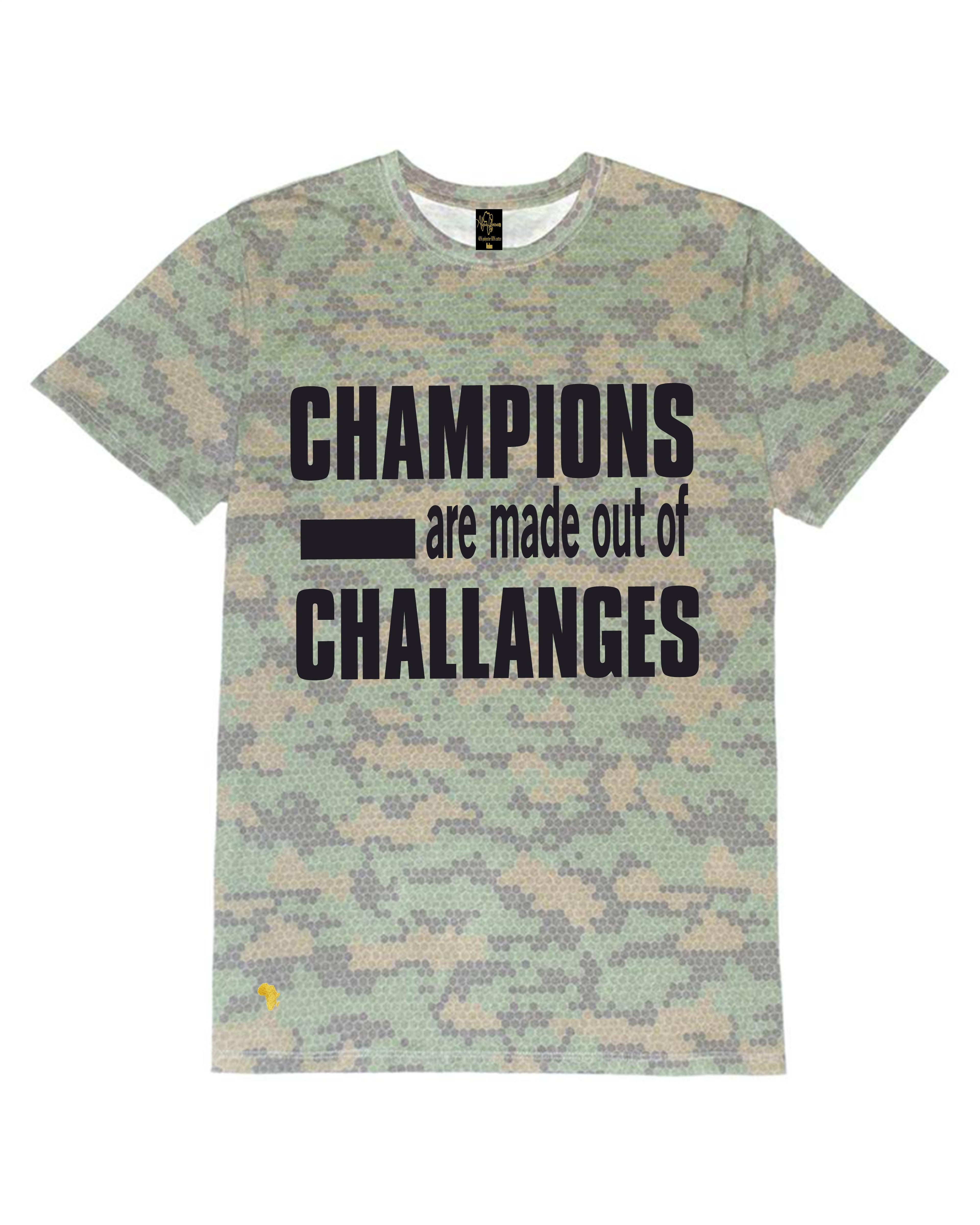 Africa Forever 'CHAMPION' T-Shirt with bold black text 'Champions are made out of Challenges' on green camo pattern. African pride activewear tee.