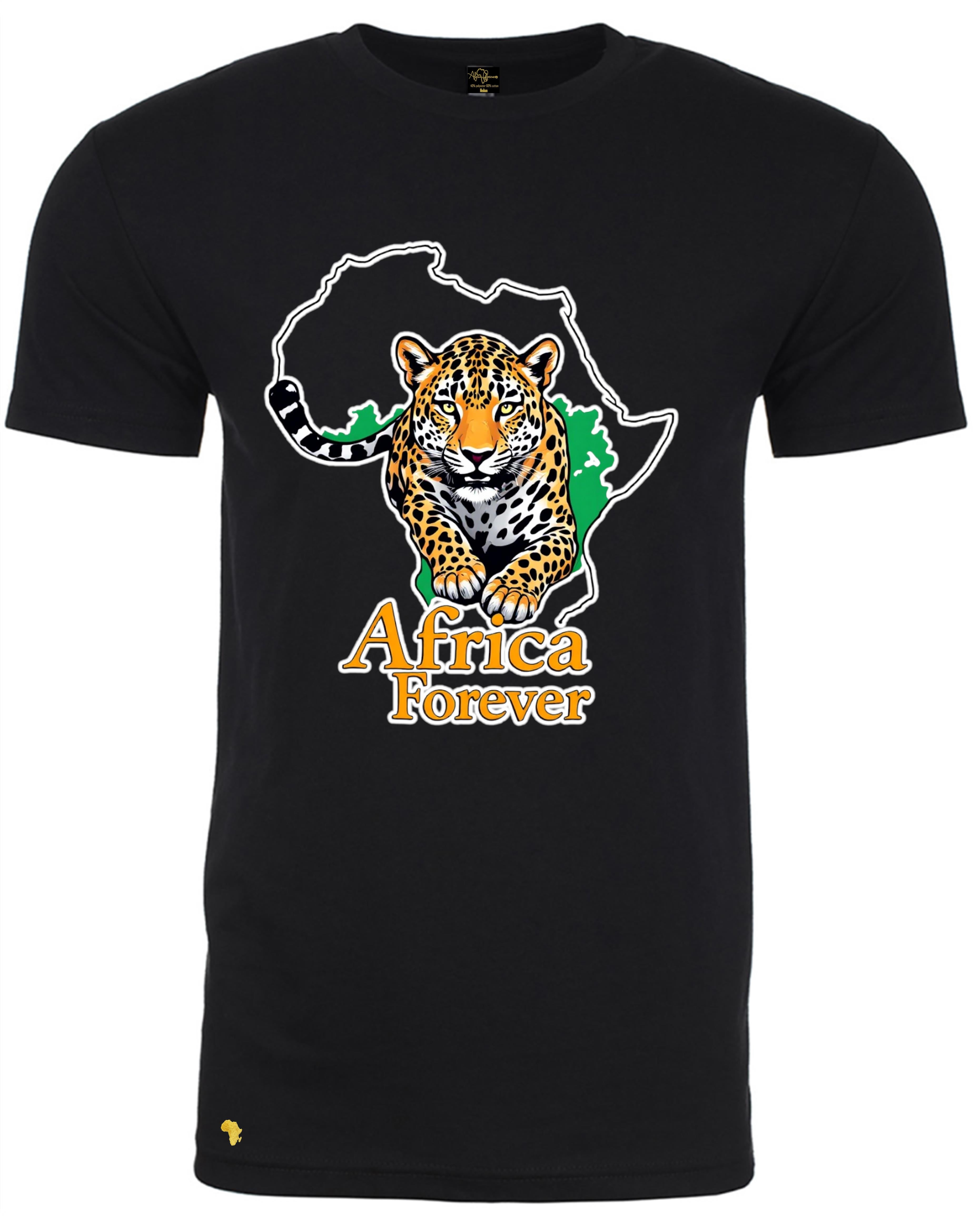 Africa Forever Leopard T-Shirt in black featuring a bold leopard graphic over an Africa map outline. Ideal for wildlife lovers and streetwear fashion.