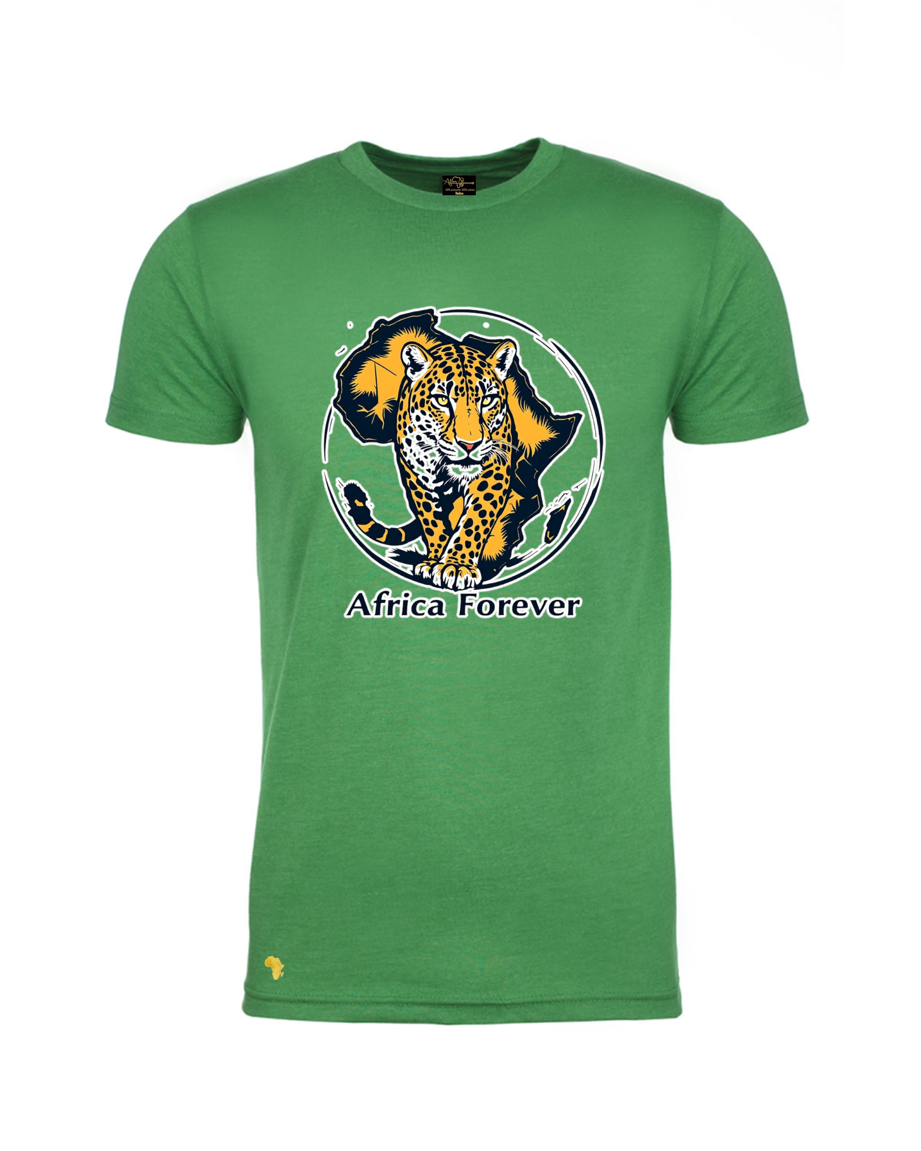 Africa Forever Leopard T-Shirt in green with a detailed leopard and Africa map graphic. A standout tee for fans of African wildlife and culture.