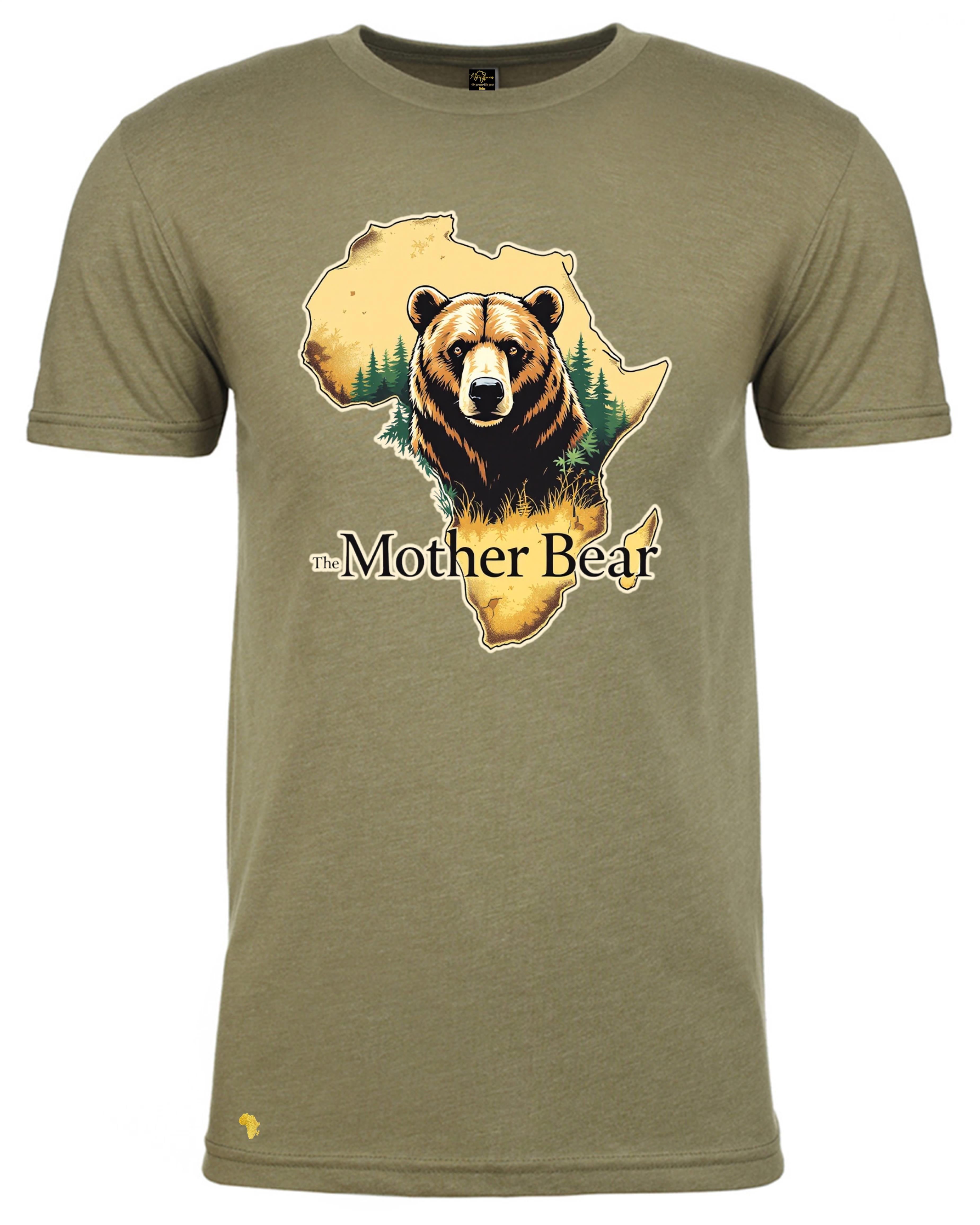 Africa Forever 'Mother Bear' T-Shirt in olive green with a detailed bear and Africa map design. Stylish African wildlife graphic tee.