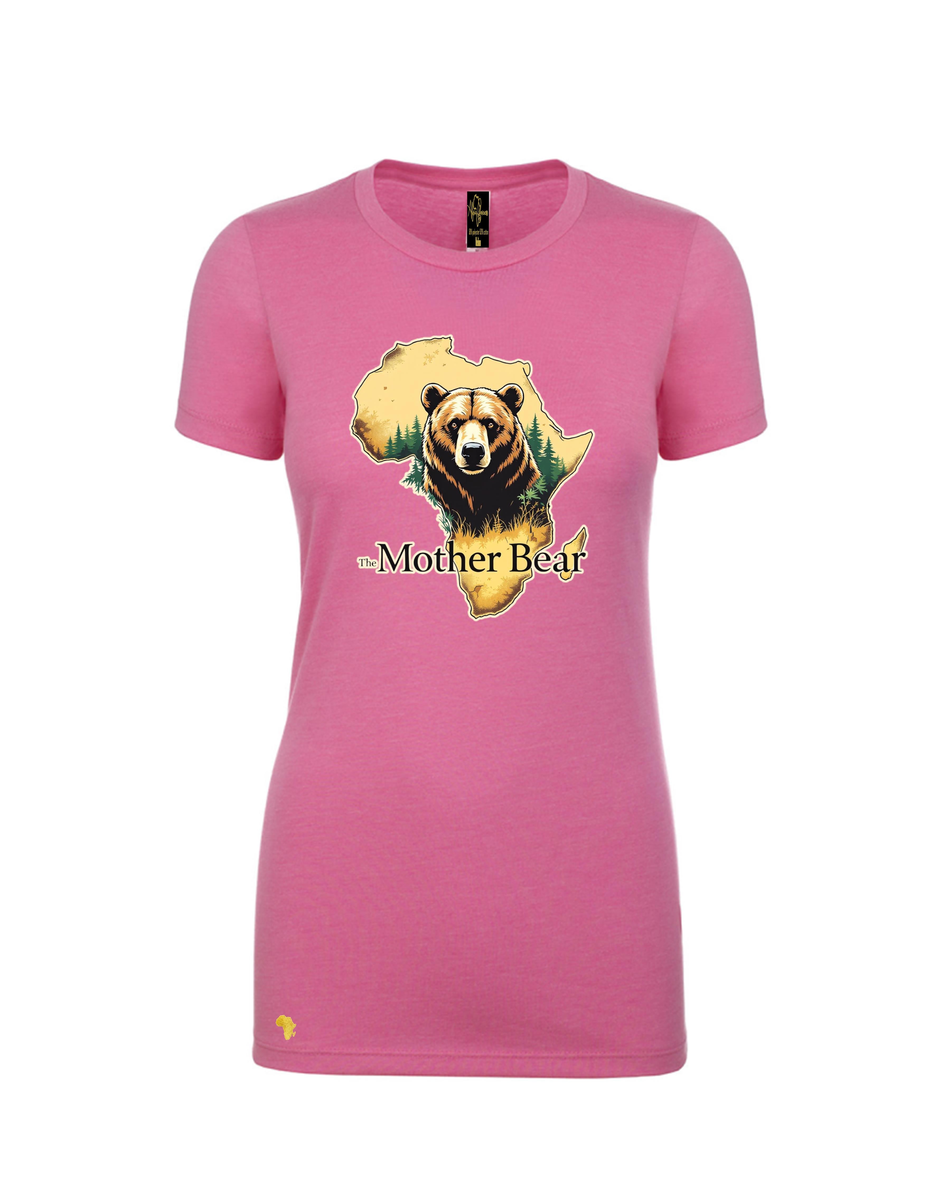 Africa Forever 'Mother Bear' T-Shirt in pink featuring a bold bear graphic over an Africa map outline. Unique wildlife tee for animal lovers.