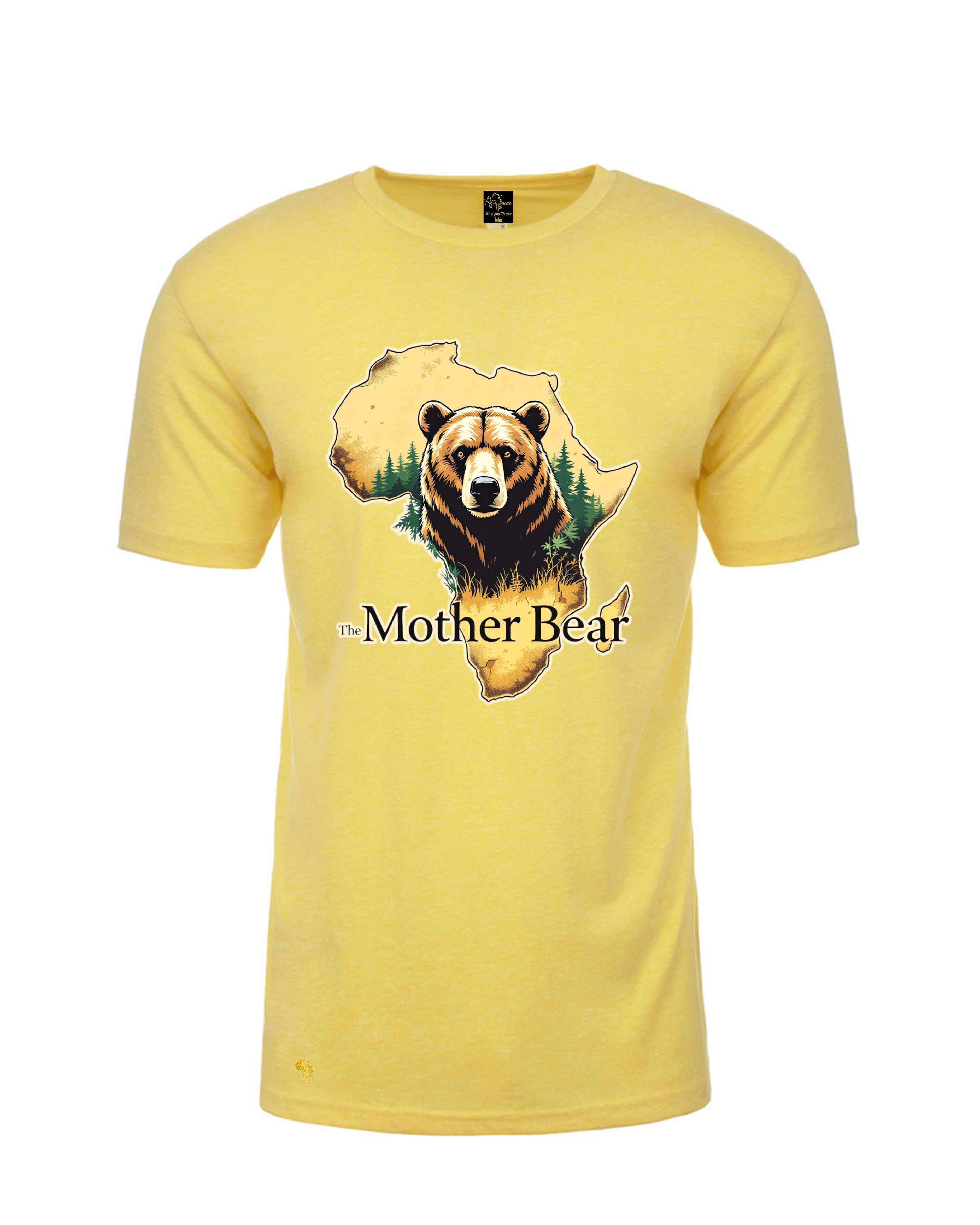 Africa Forever 'Mother Bear' T-Shirt in yellow showcasing a bear graphic over an Africa silhouette. Trendy animal-themed apparel.