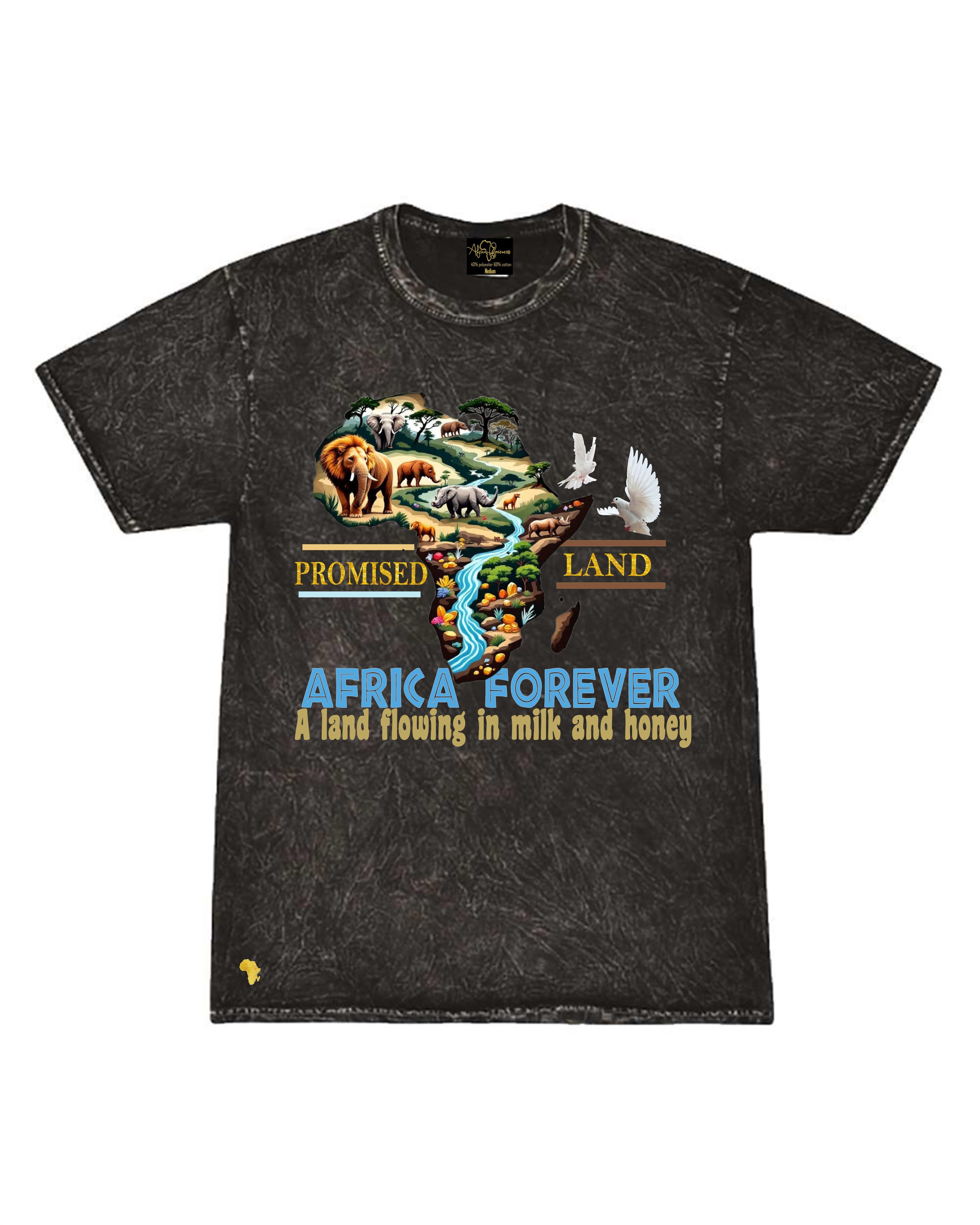 Africa Forever 'The PROMISED LAND' T-shirt for kids in large size featuring African wildlife and cultural pride on a black acid-wash background.
