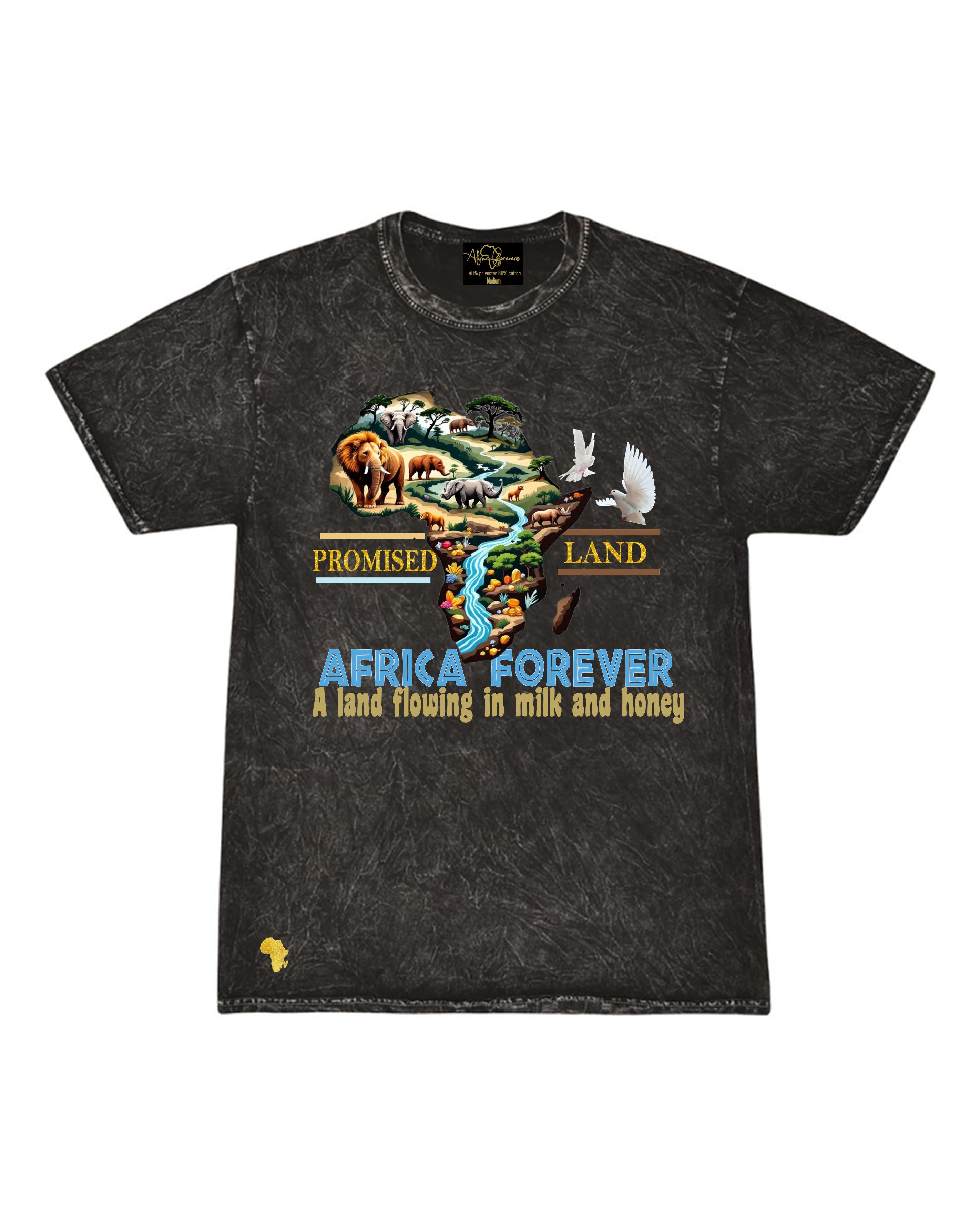 Africa Forever'THE PROMISED LAND' kids T-shirt in black with colorful wildlife and nature graphics, featuring bold text and African pride theme.