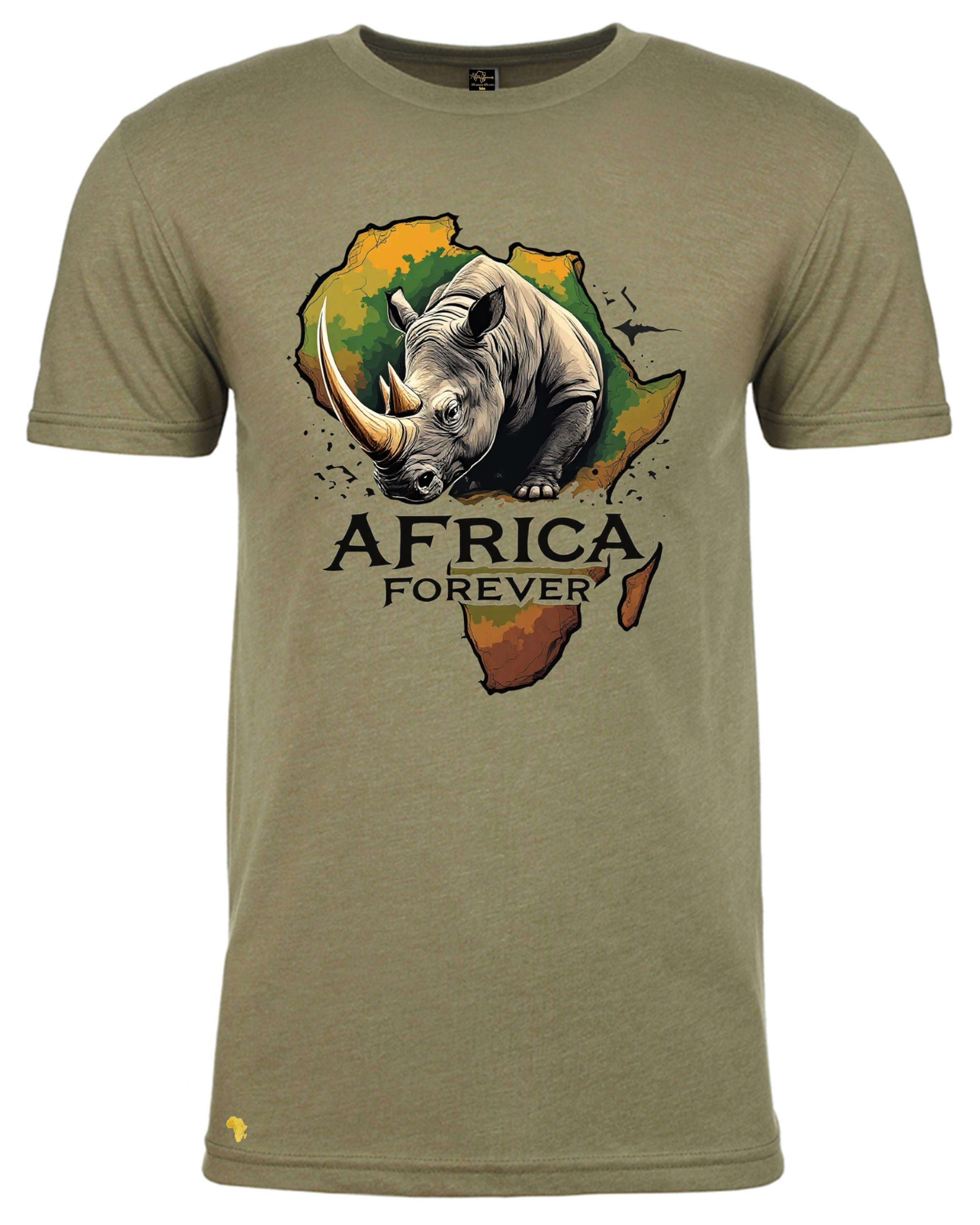Africa Forever RHINO T-Shirt features a bold graphic of a rhinoceros emerging from a colorful Africa map. Ideal for wildlife lovers and African pride apparel.
