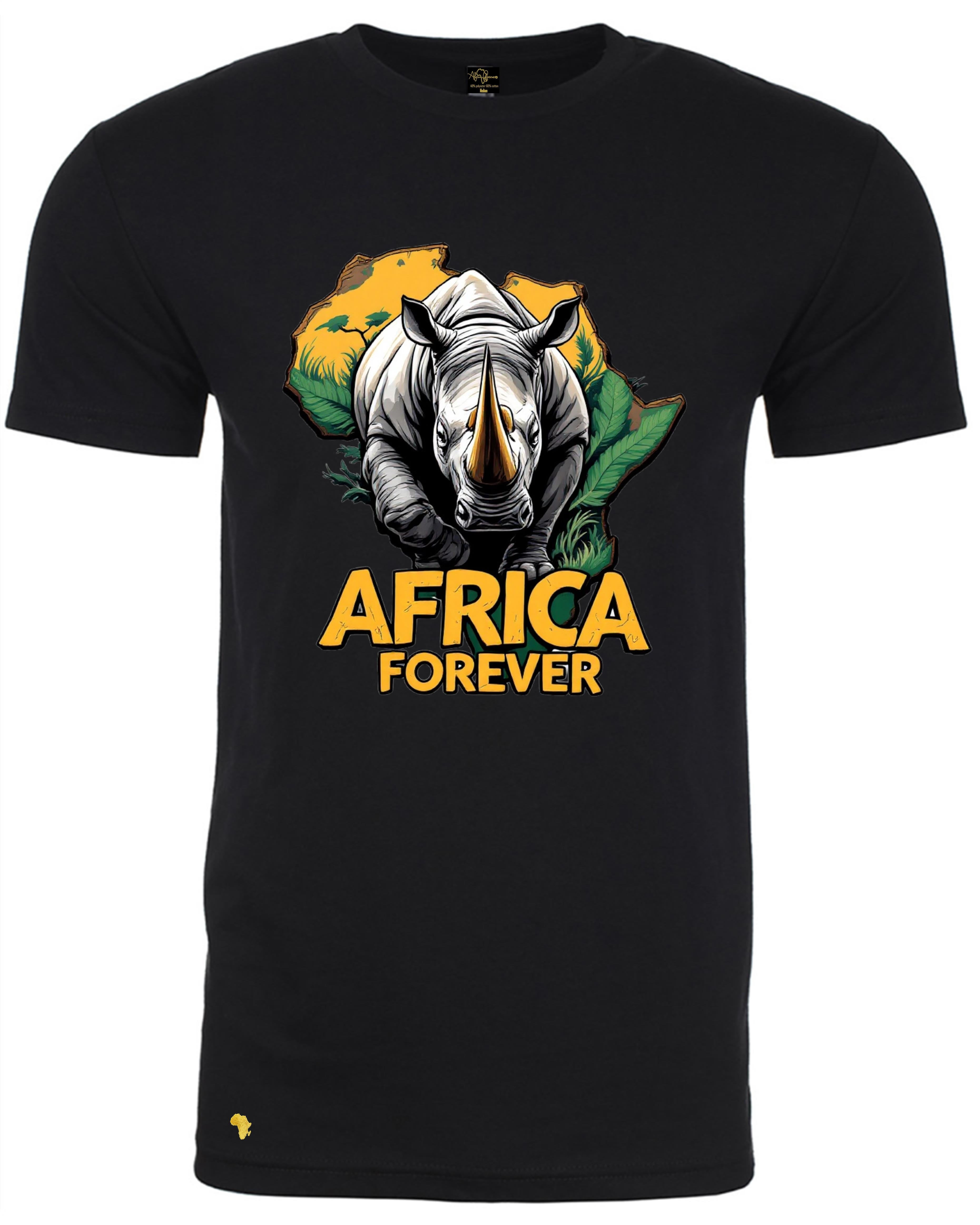 Africa Forever RHINO T-Shirt featuring bold graphic of a white rhino with sunset and foliage background. Save wildlife graphic tee for animal lovers.