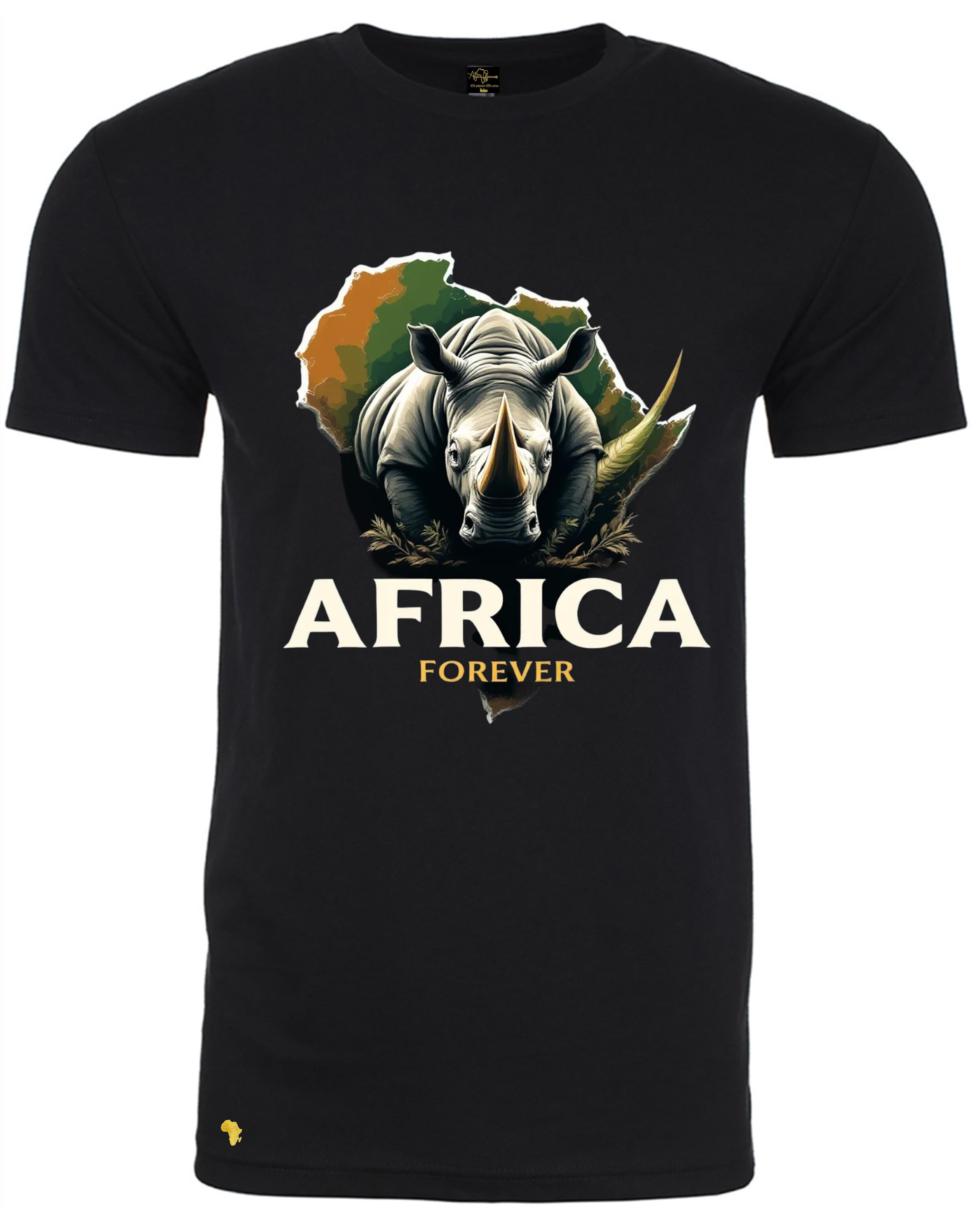 Africa Forever RHINO T-Shirt featuring a bold graphic of a rhinoceros over an African map silhouette. Ideal for wildlife lovers and African heritage fans.