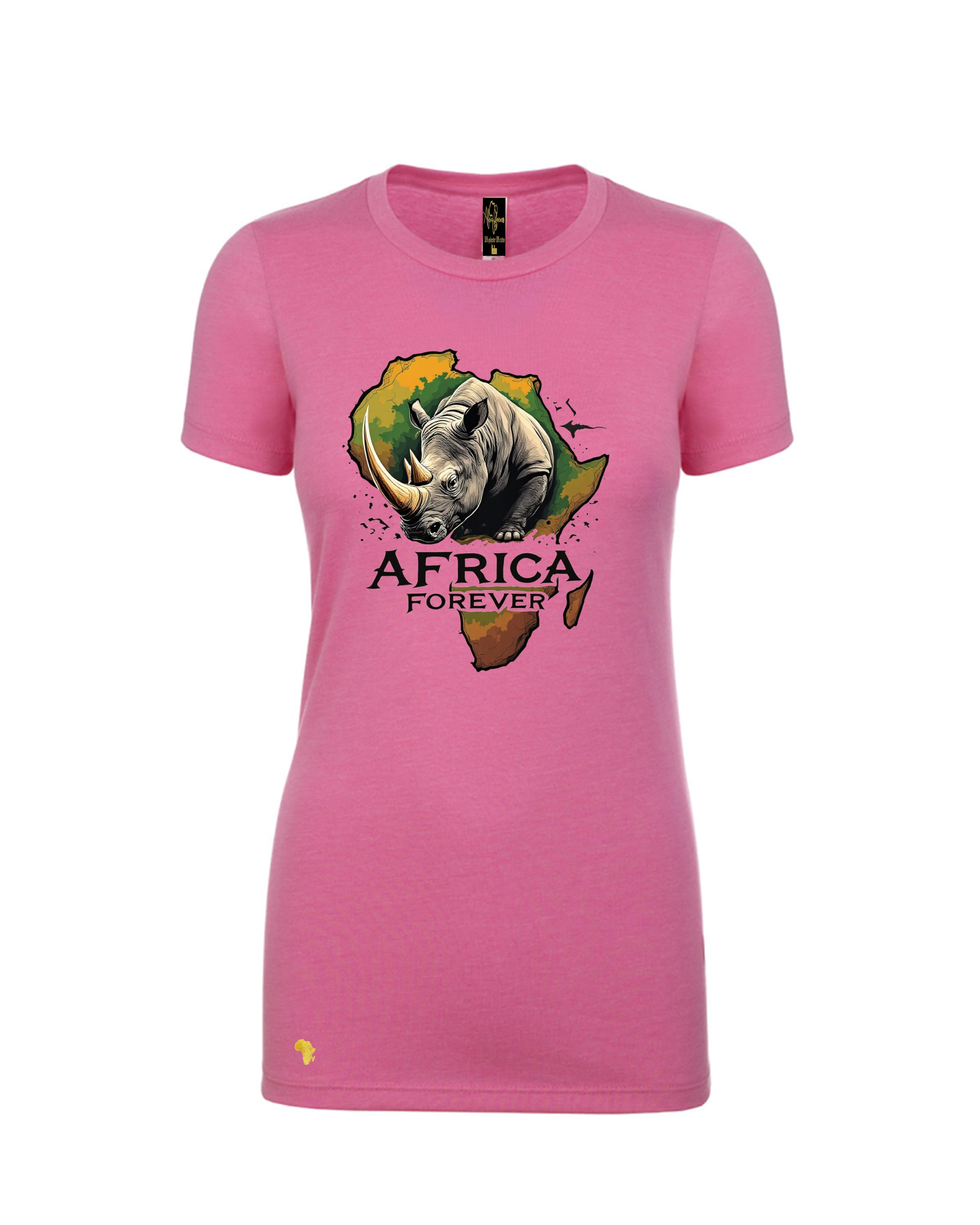 Africa Forever RHINO T-Shirt in pink featuring a bold graphic of a rhinoceros over an African continent map. Ideal for wildlife and Africa lovers.