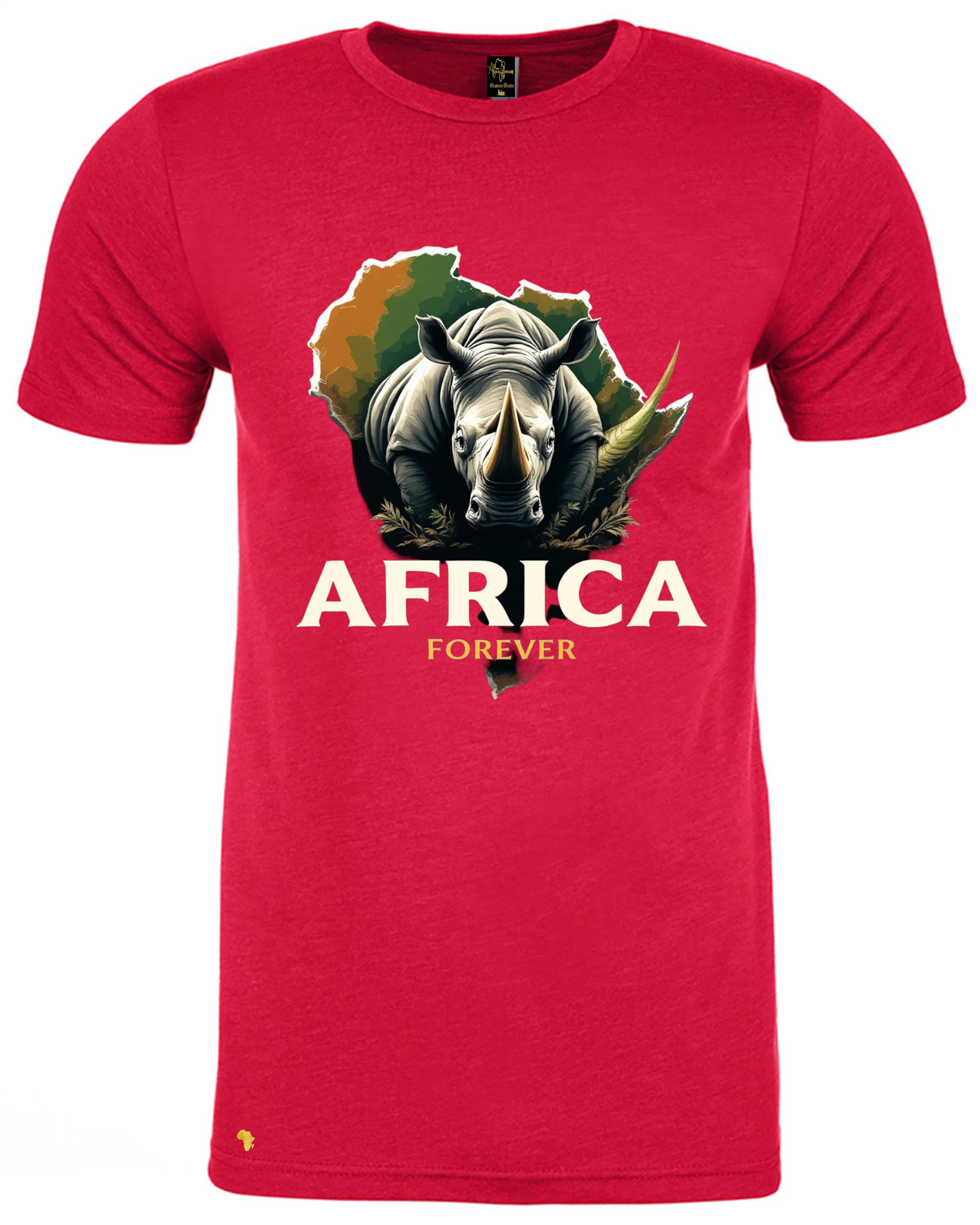 Africa Forever RHINO T-Shirt in red featuring a bold graphic of a rhinoceros over an African continent silhouette. Ideal for wildlife and Africa lovers.