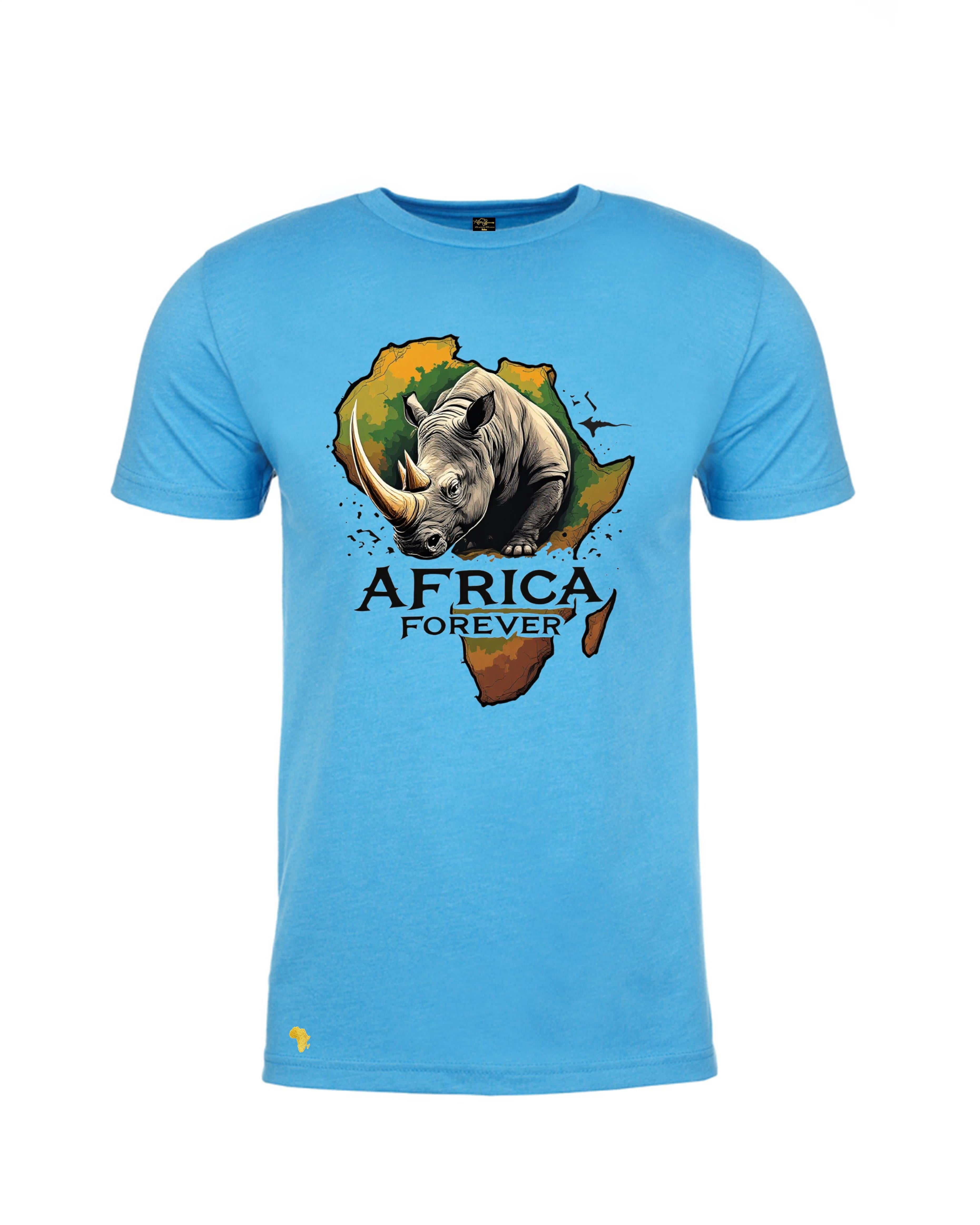 Africa Forever RHINO T-Shirt in sky blue featuring a bold rhino graphic over an African continent silhouette. Ideal for wildlife lovers and African pride wear.