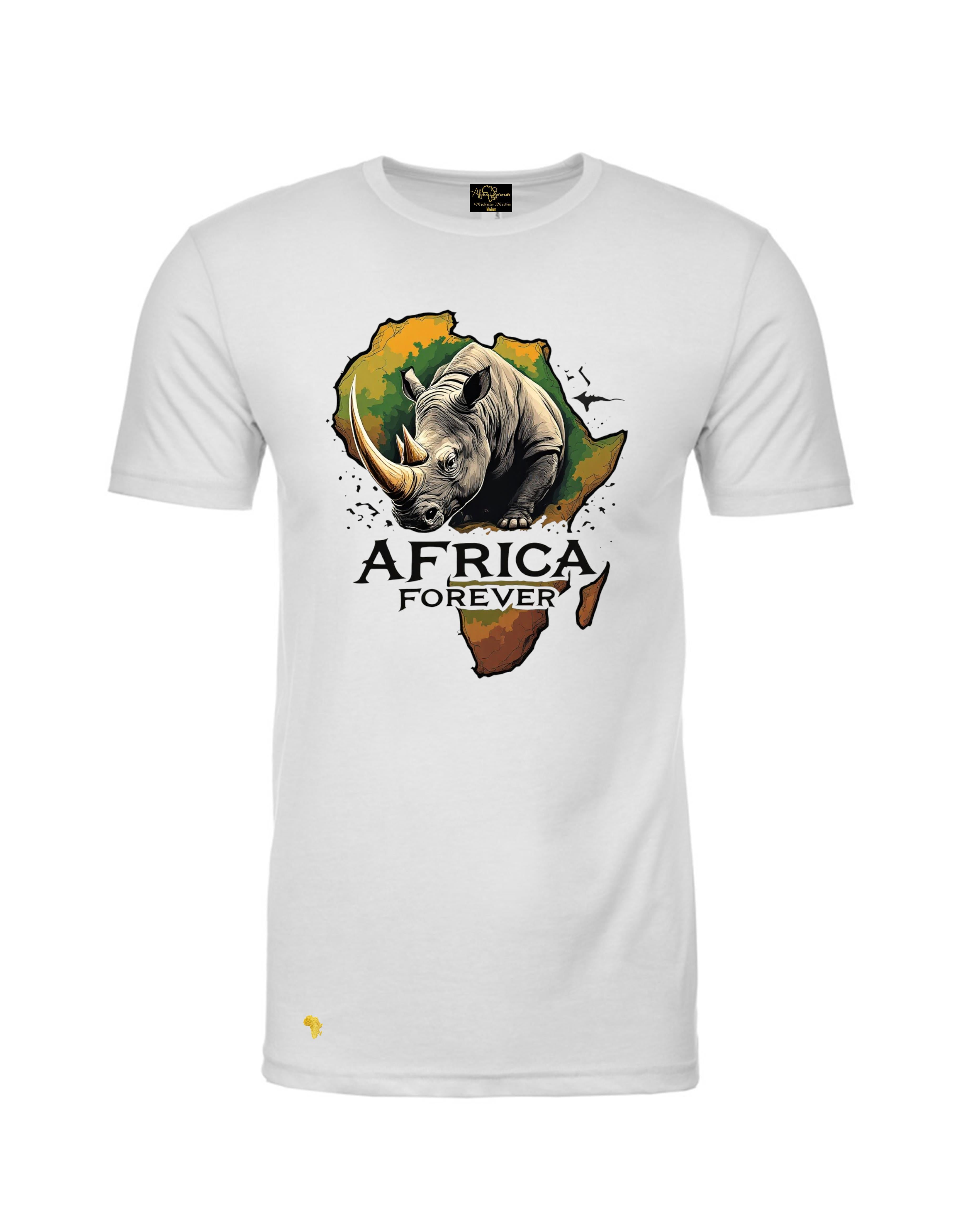 Africa Forever RHINO T-Shirt features a bold graphic of a rhinoceros over an Africa map silhouette. Ideal for wildlife lovers and African heritage fans.