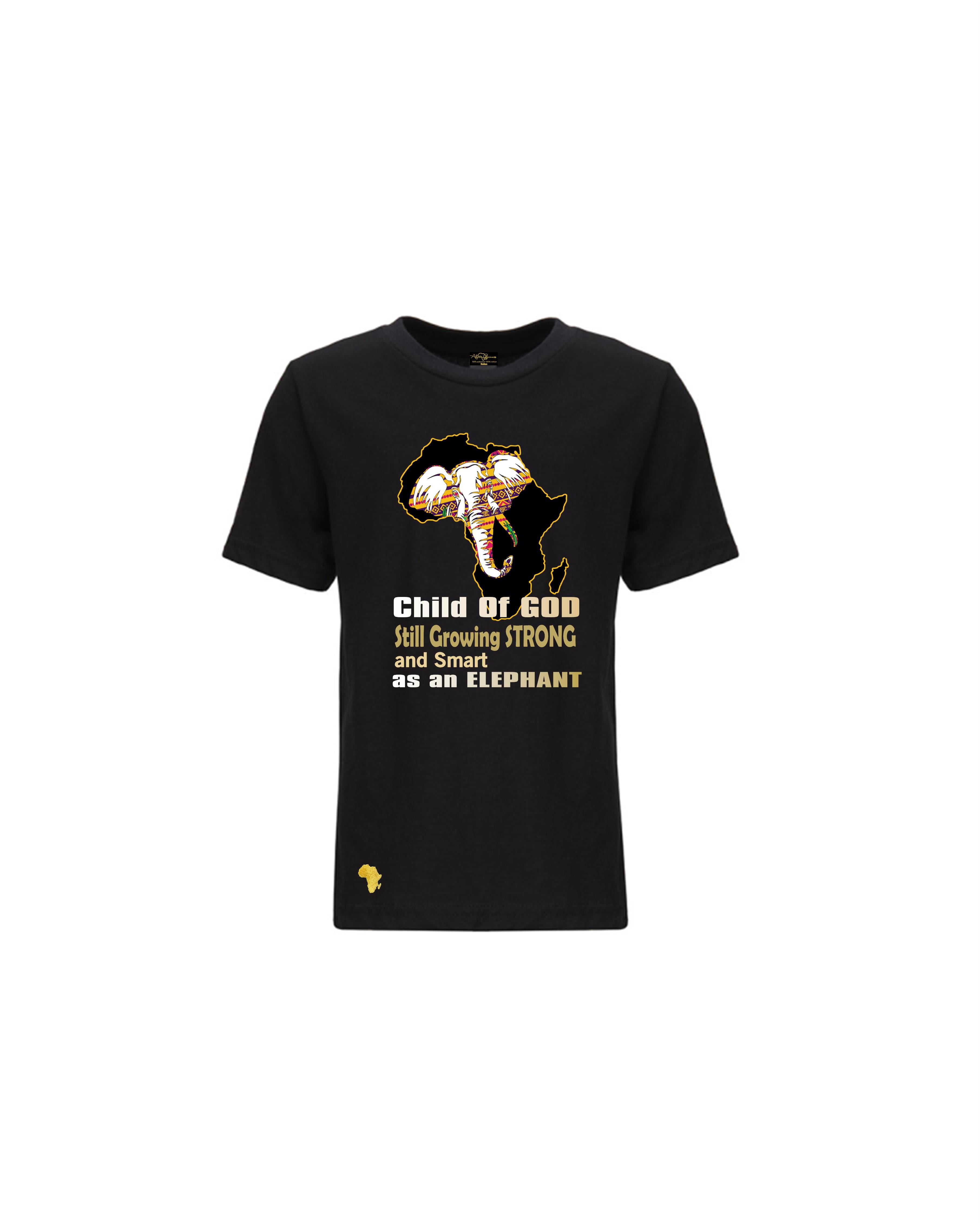 Africa Forever Child of GOD T-Shirt in black featuring a smart elephant with inspirational quote graphic within the Africa map outline. Ideal for children reminding them that they are made in the image of GOD. 