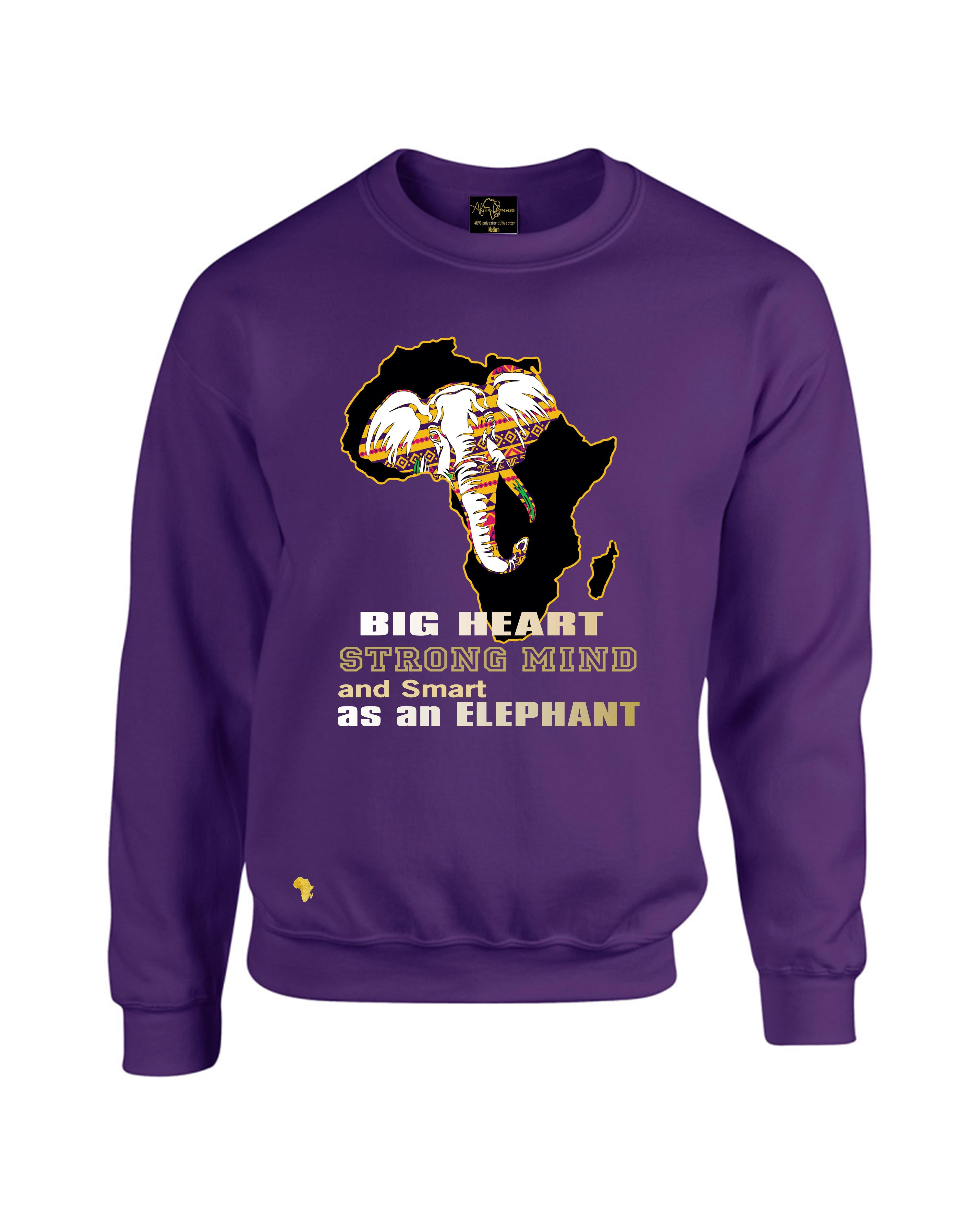 Africa Forever Elephant Sweater in purple featuring bold elephant graphic over Africa map with 'Big Heart, Strong Mind' safari-themed quote.