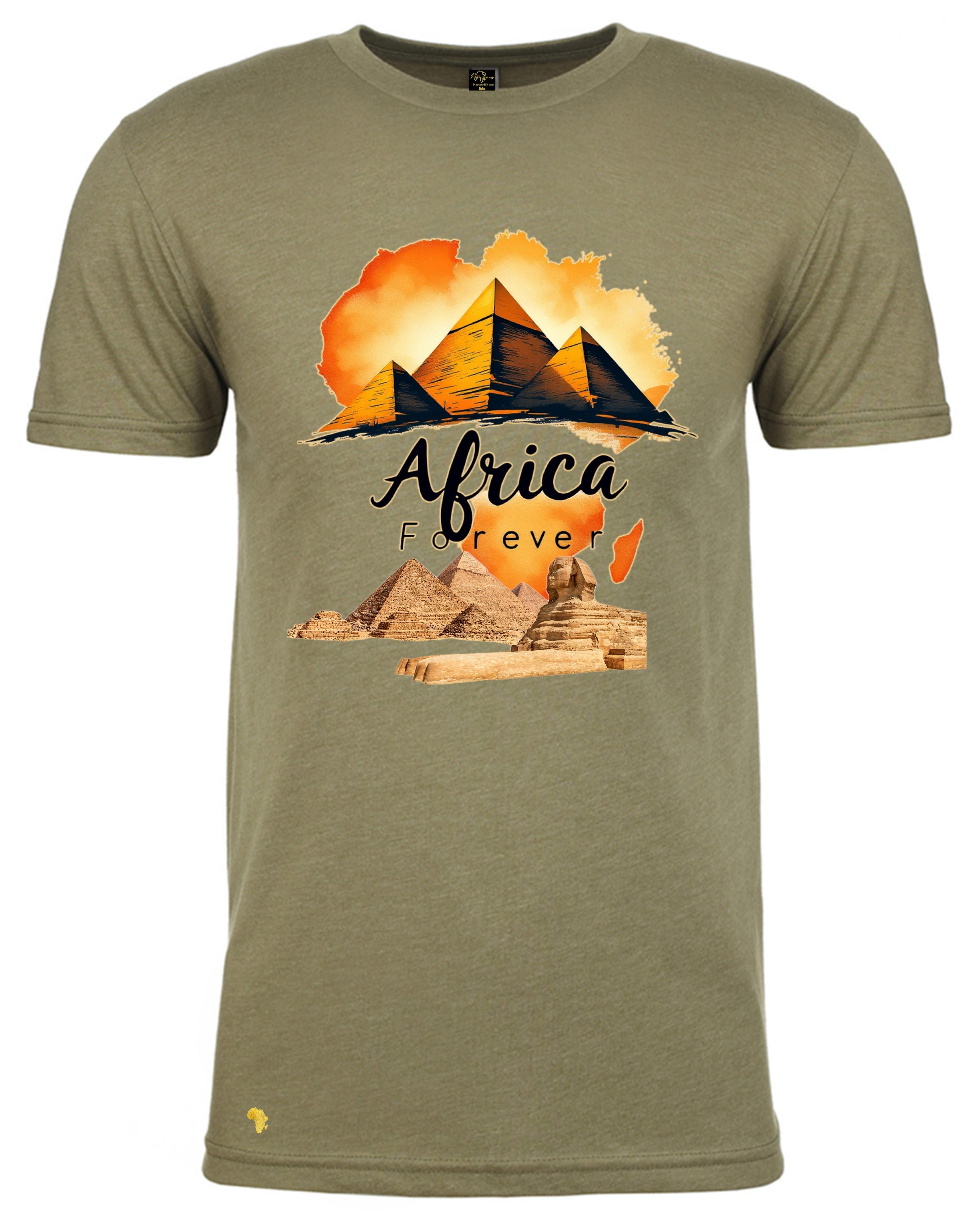 Africa Forever 'Sphinx' T-shirt in olive green featuring bold African pyramids and Sphinx graphic with map silhouette. Stylish African inspired streetwear.