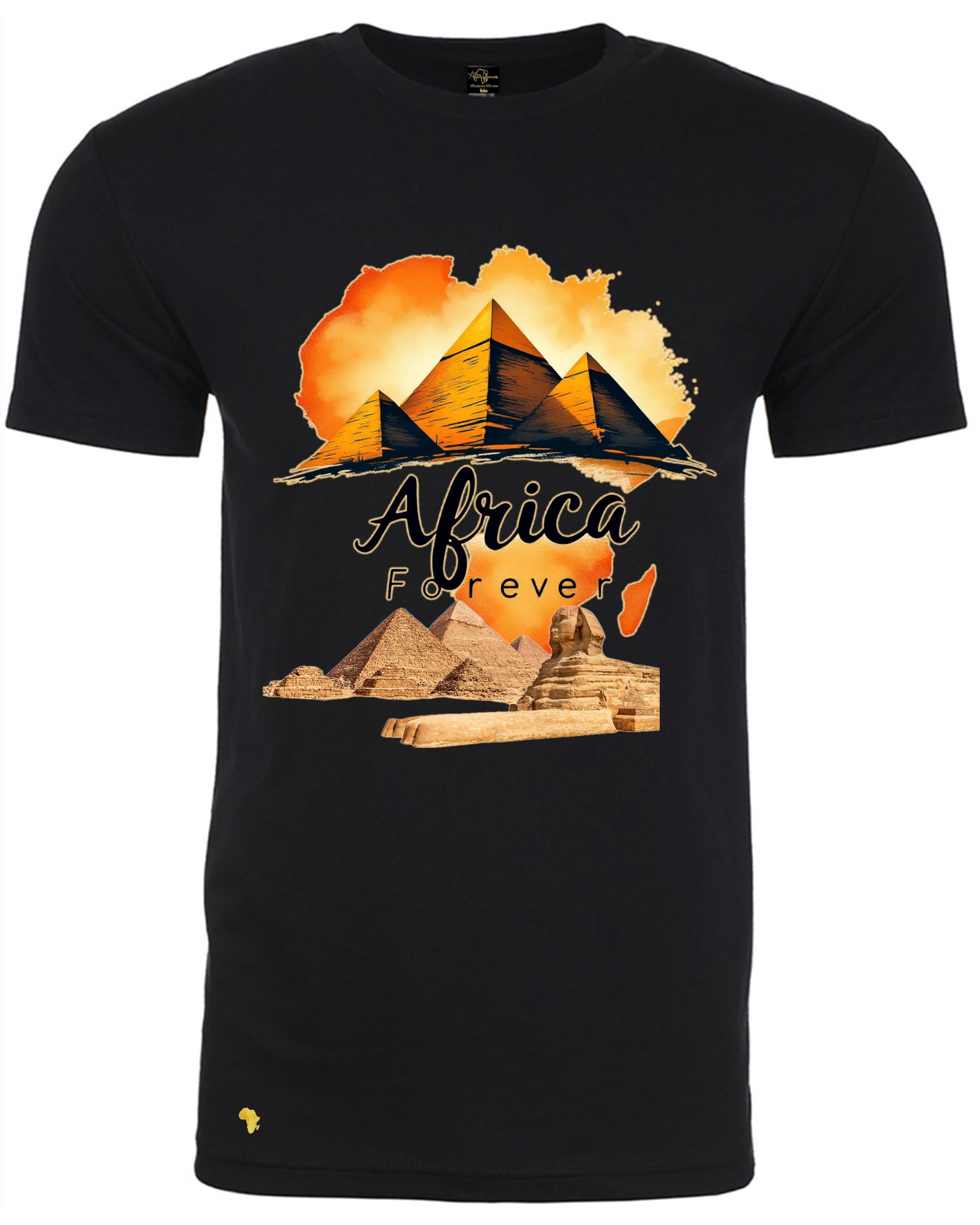 Africa Forever 'Sphinx' T-shirt featuring bold pyramid and Sphinx graphics with vibrant orange sunset, perfect for African inspired streetwear.