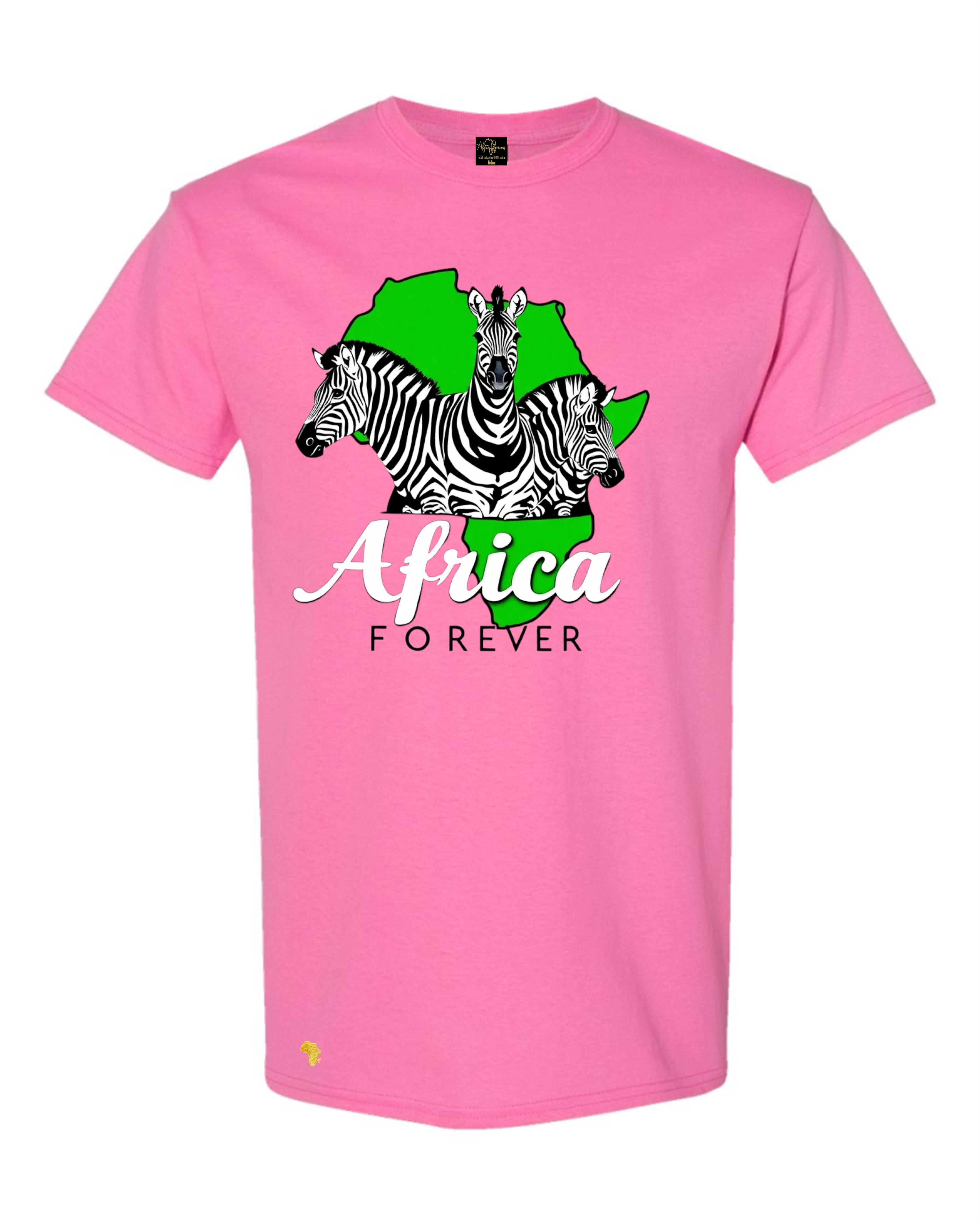 Africa Forever 'ZEBRA' T-Shirt in pink showcasing three zebras on a green Africa map. Vibrant African wildlife apparel for casual fashion.