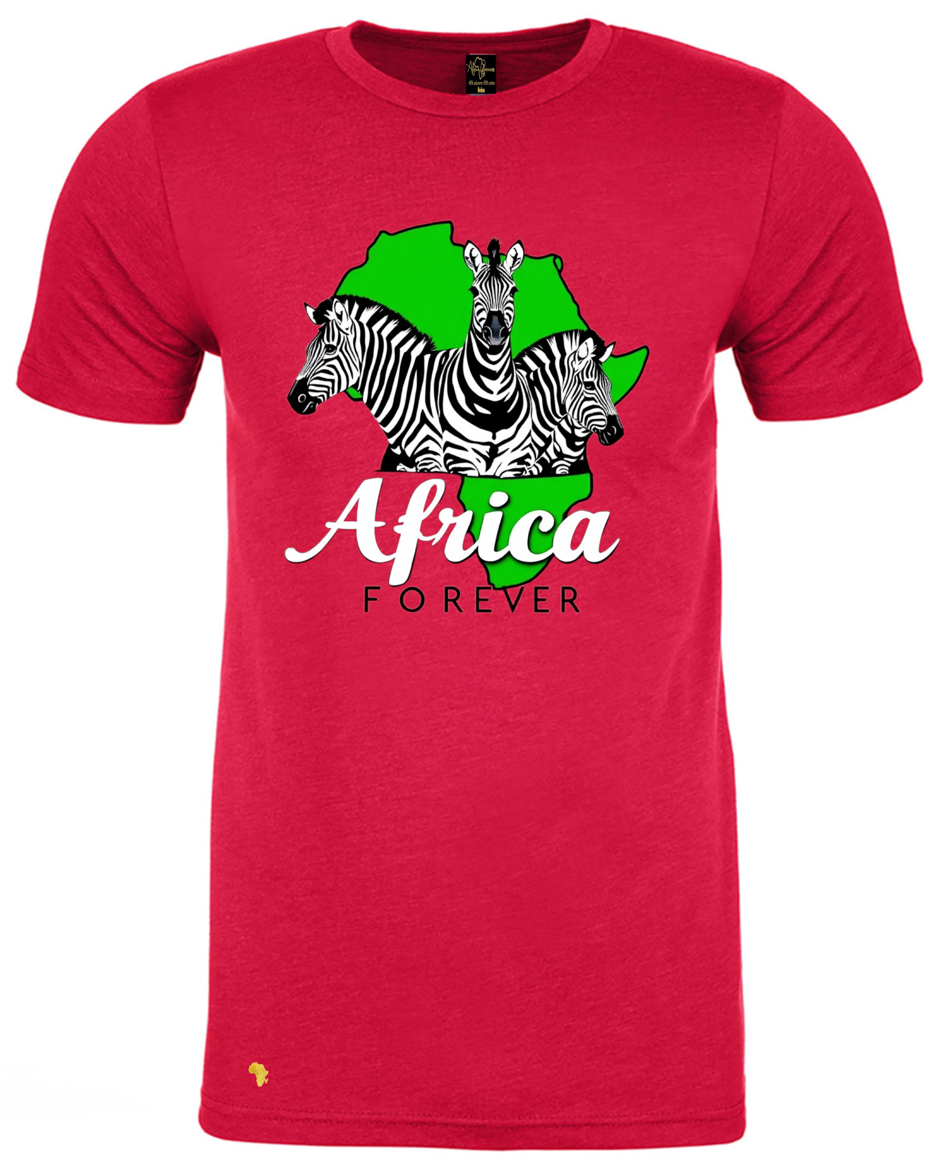 Africa Forever 'ZEBRA' T-Shirt in red with three zebras and green Africa map. Trendy African animal print shirt for streetwear lovers.