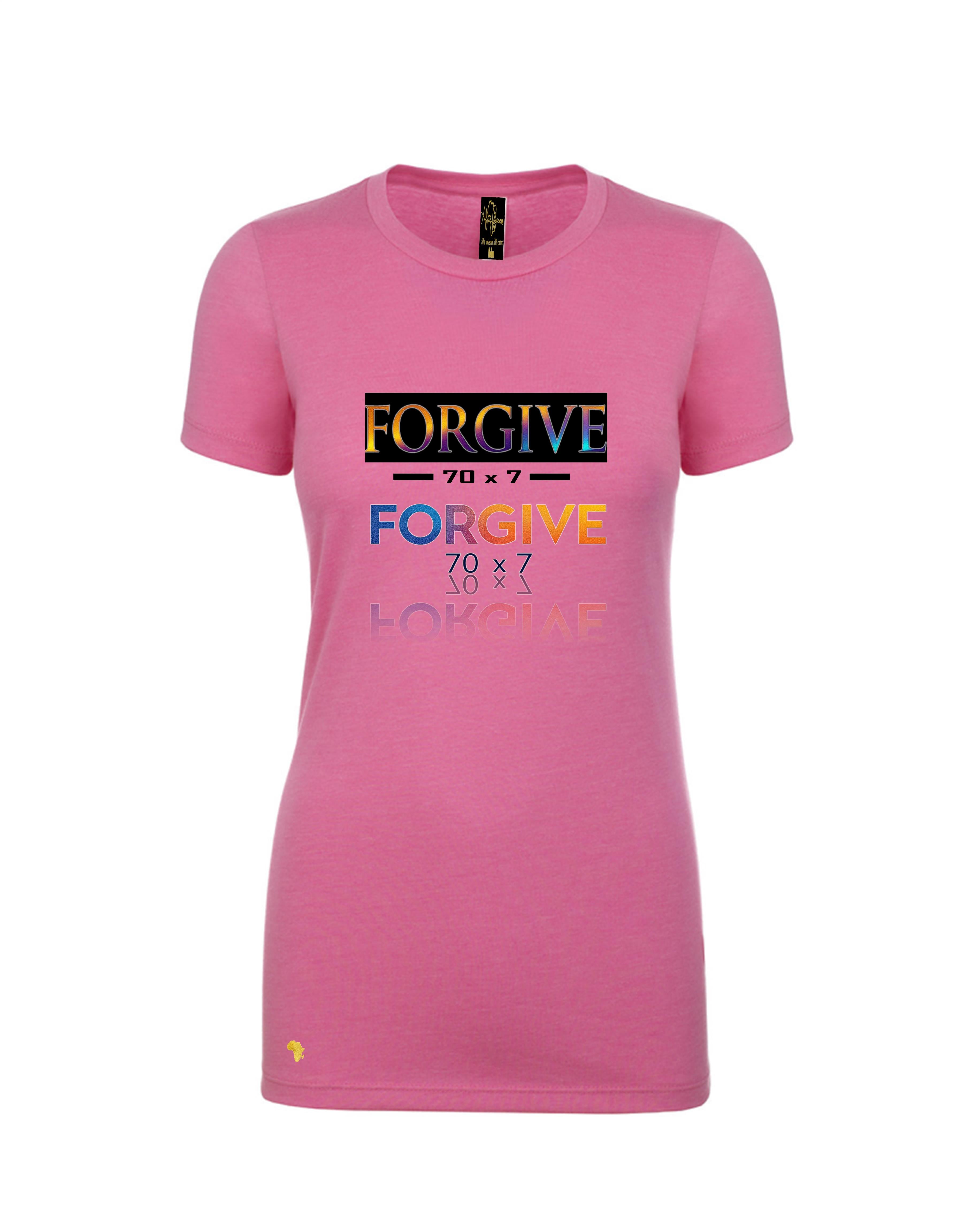 Pink Africa Forever 'Forgive' T-Shirt featuring vibrant West African painting with praying figures, perfect for Christian streetwear fashion. This shirt reminds us to be forgiven and show compassion.