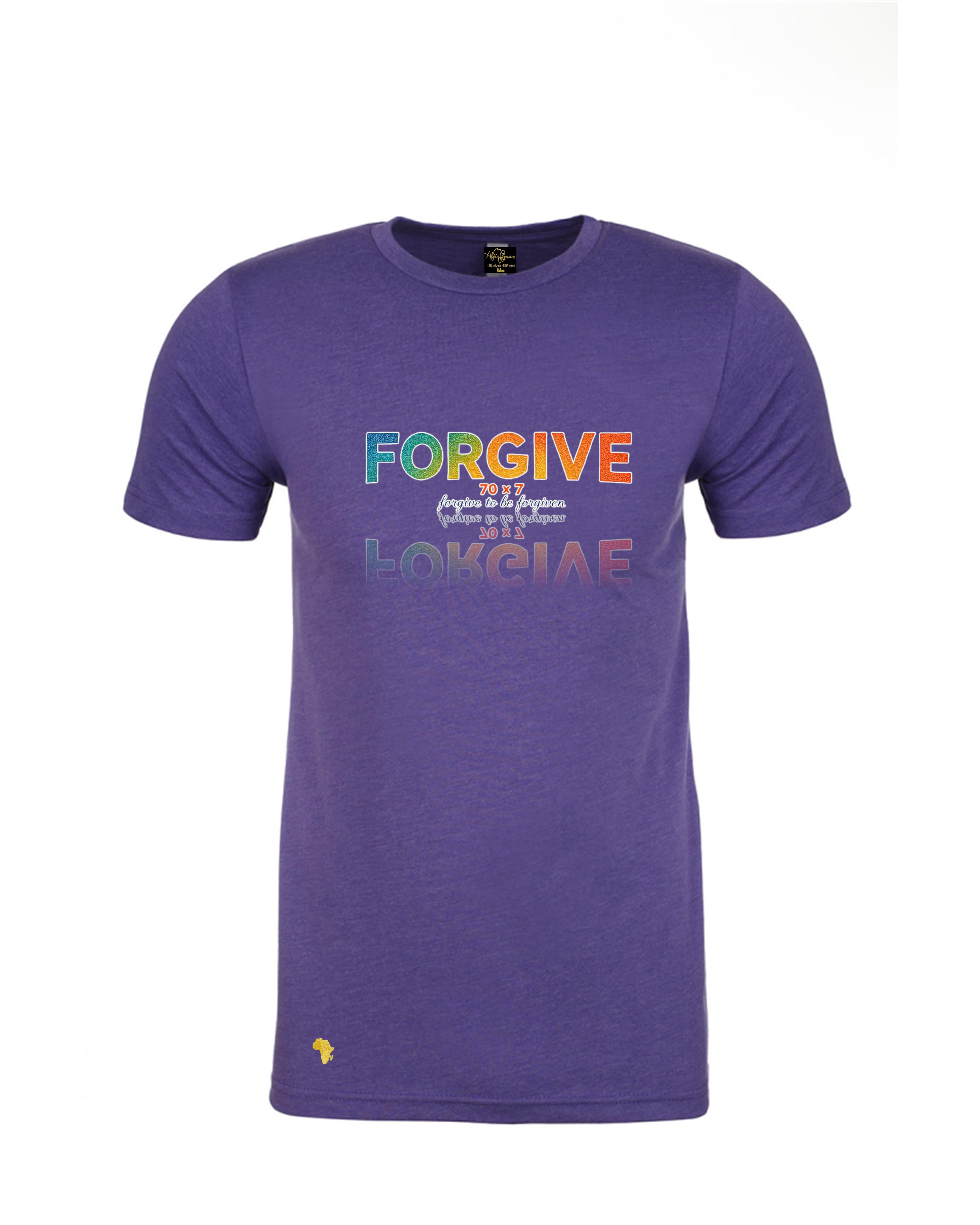 Purple Africa Forever 'Forgive' T-Shirt featuring vibrant West African painting with praying figures, perfect for Christian streetwear fashion. This shirt reminds us to be forgiven and show compassion.