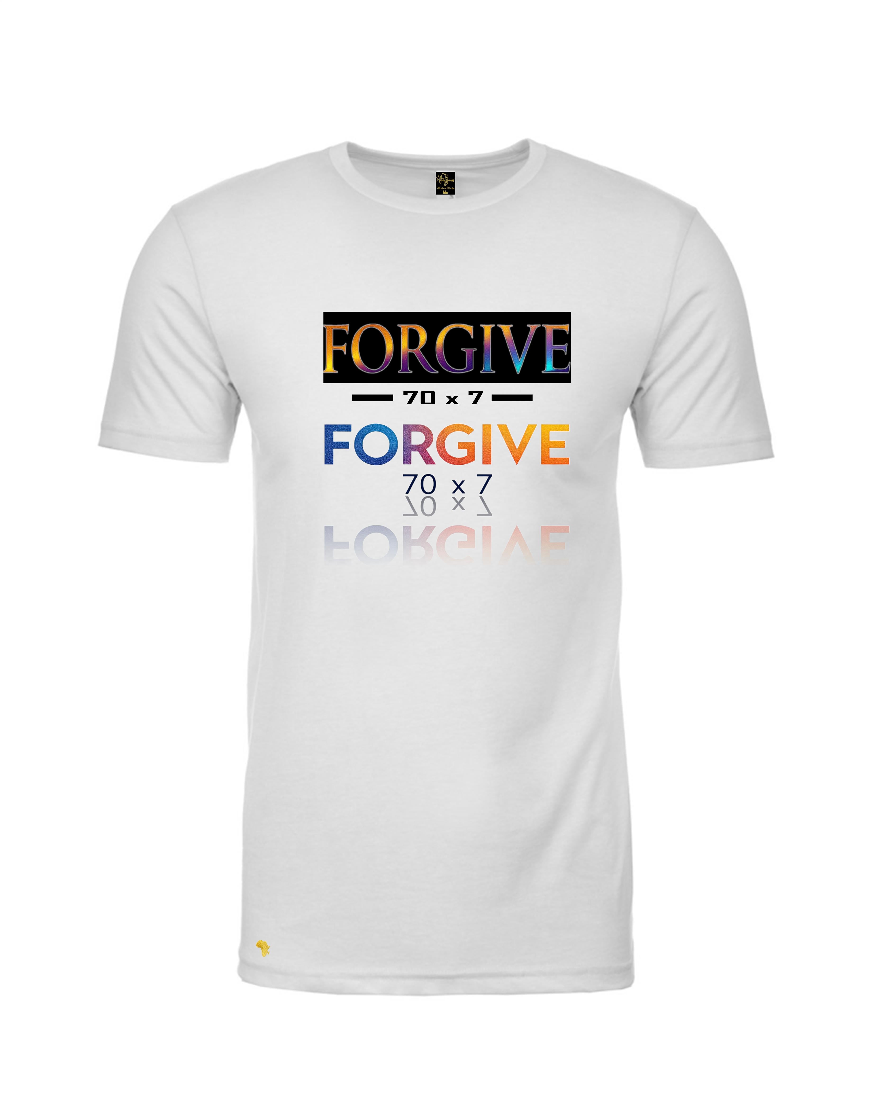 White Africa Forever 'Forgive' T-Shirt featuring vibrant West African painting with praying figures, perfect for Christian streetwear fashion. This shirt reminds us to be forgiven and show compassion.