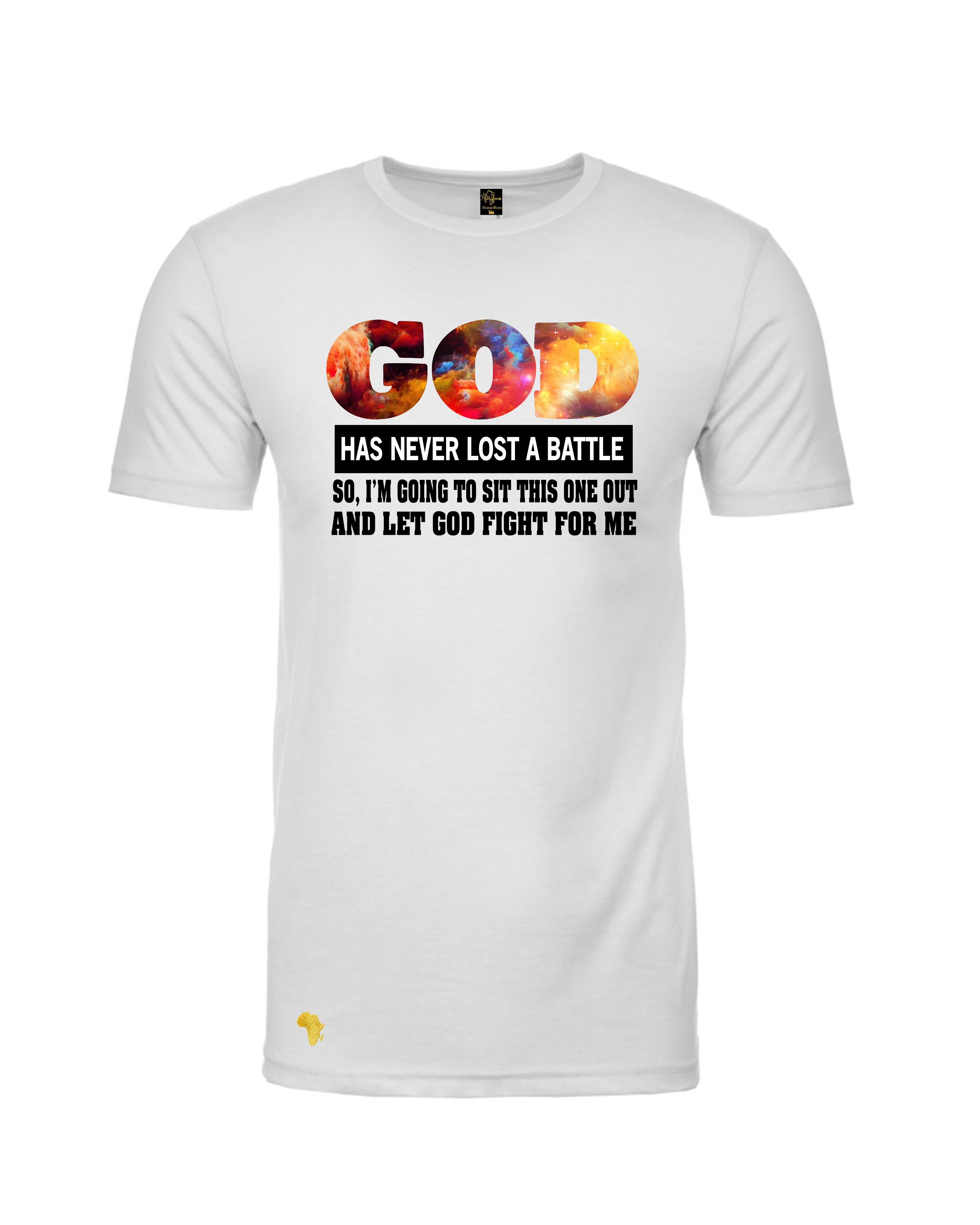 White GOD fight my battles, T-shirt with bold Christian message 'urging you to relax and trust GOD, comes in different color graphic. Ideal for church wear, and any event reminding us to trust GOD and be more prayerful and have faith and trust that all is well. 