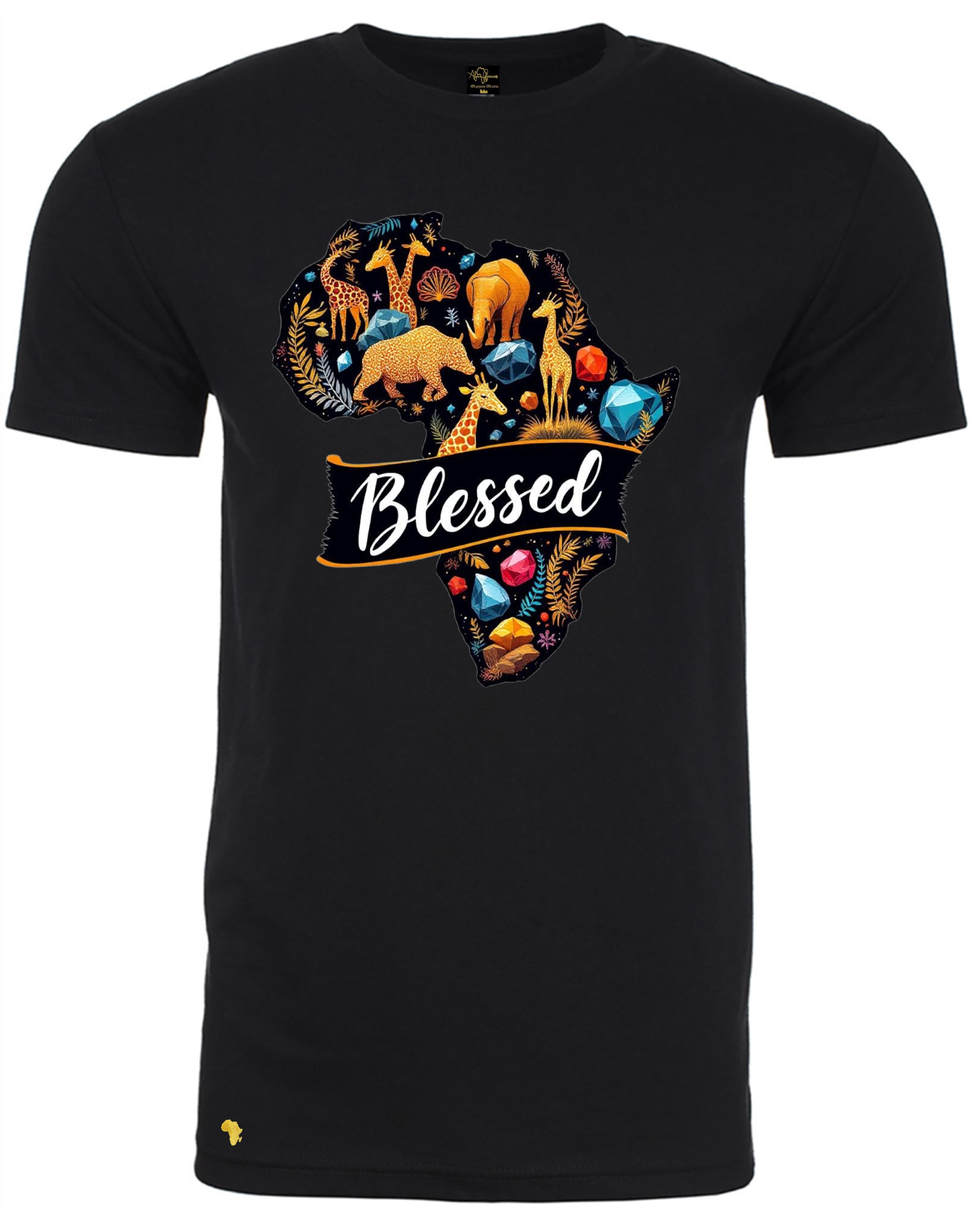 Black Africa is BLESSED T-Shirt featuring vibrant West African painting and showcasing all that Africa is blessed with in terms of the resources, animals, wildlife, people, minerals and so much more. Perfect for Christian streetwear fashion, and any occasion. 